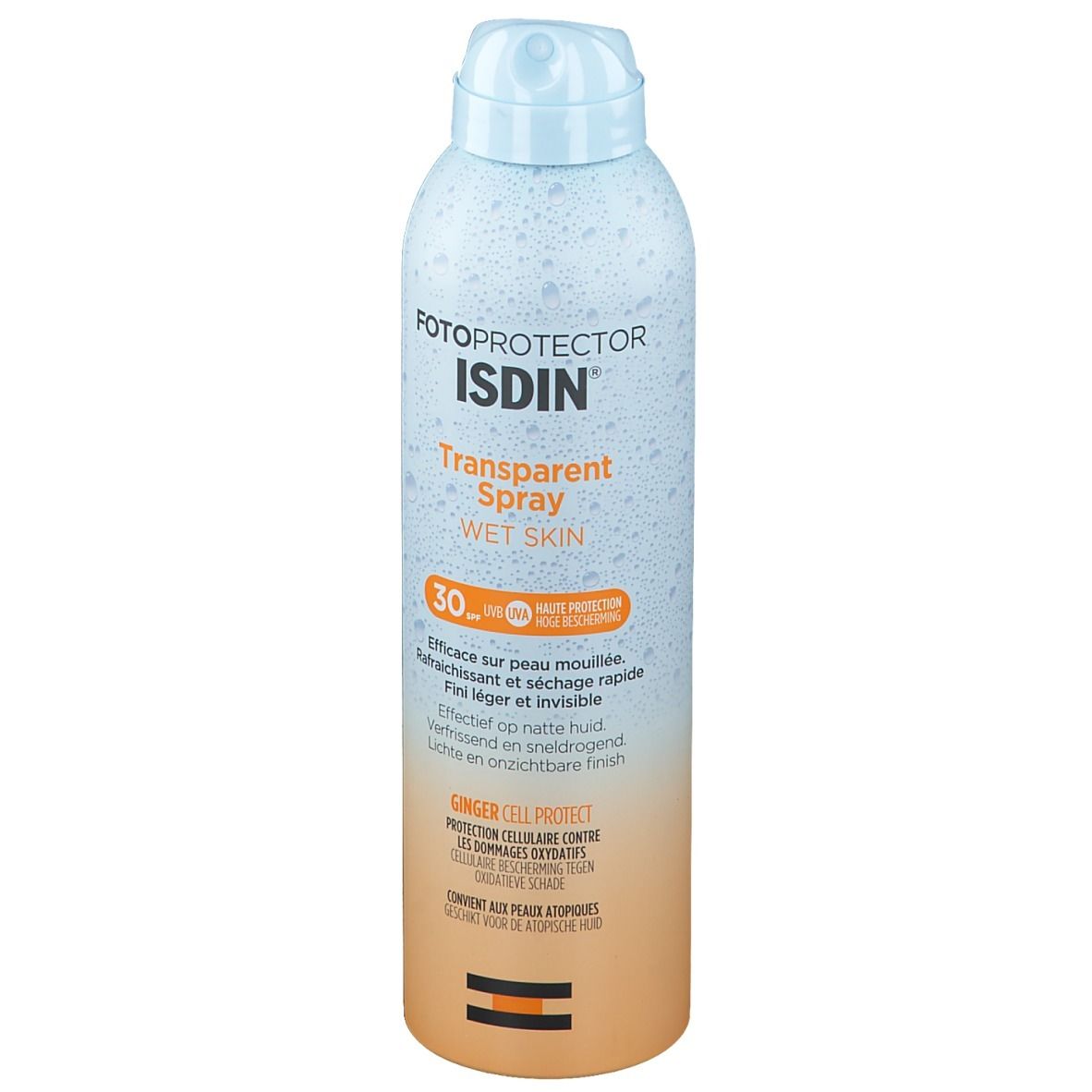 Flacon de spray solaire FOTOPROTECTOR ISDIN. Transparent Spray Wet Skin. SPF 30. Dégradé de couleurs orange et bleu clair.