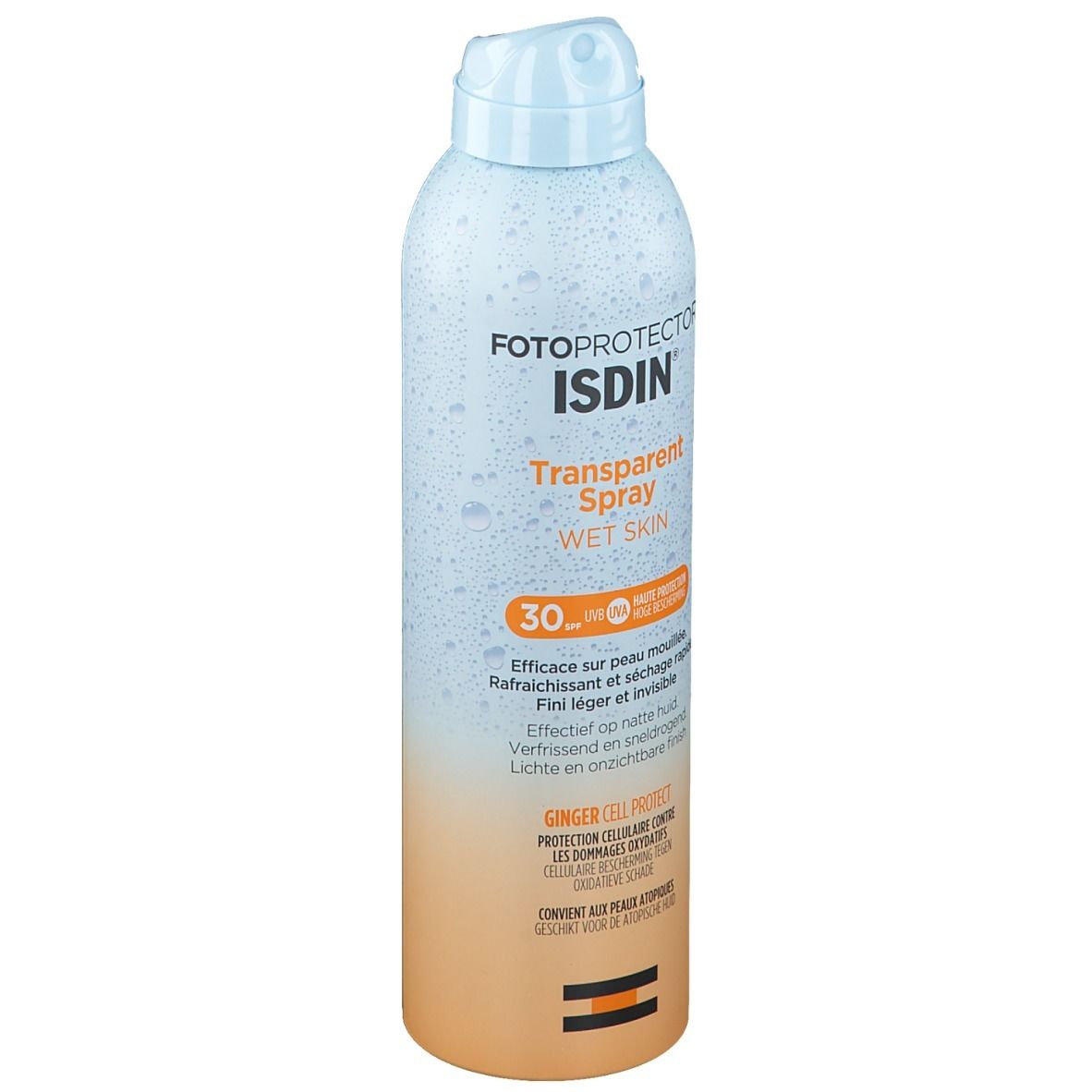 Flacon de spray solaire FOTOPROTECTOR ISDIN. Transparent Spray Wet Skin. SPF 30. Dégradé de couleurs orange et bleu clair.