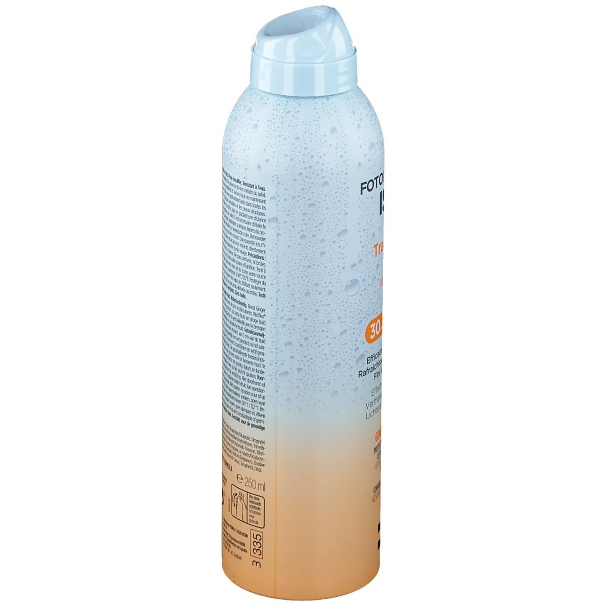 Flacon de spray solaire, vue latérale. FOTOPROTECTOR ISDIN. Transparent Spray Wet Skin. Bouchon bleu clair. Dégradé orange.