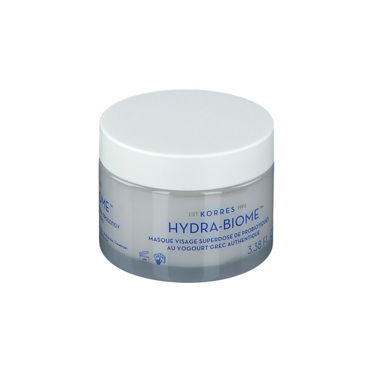 Pot rond transparent avec couvercle blanc. Inscription : HYDRA-BIOME, Masque visage superdose de probiotiques au yaourt grec authentique.