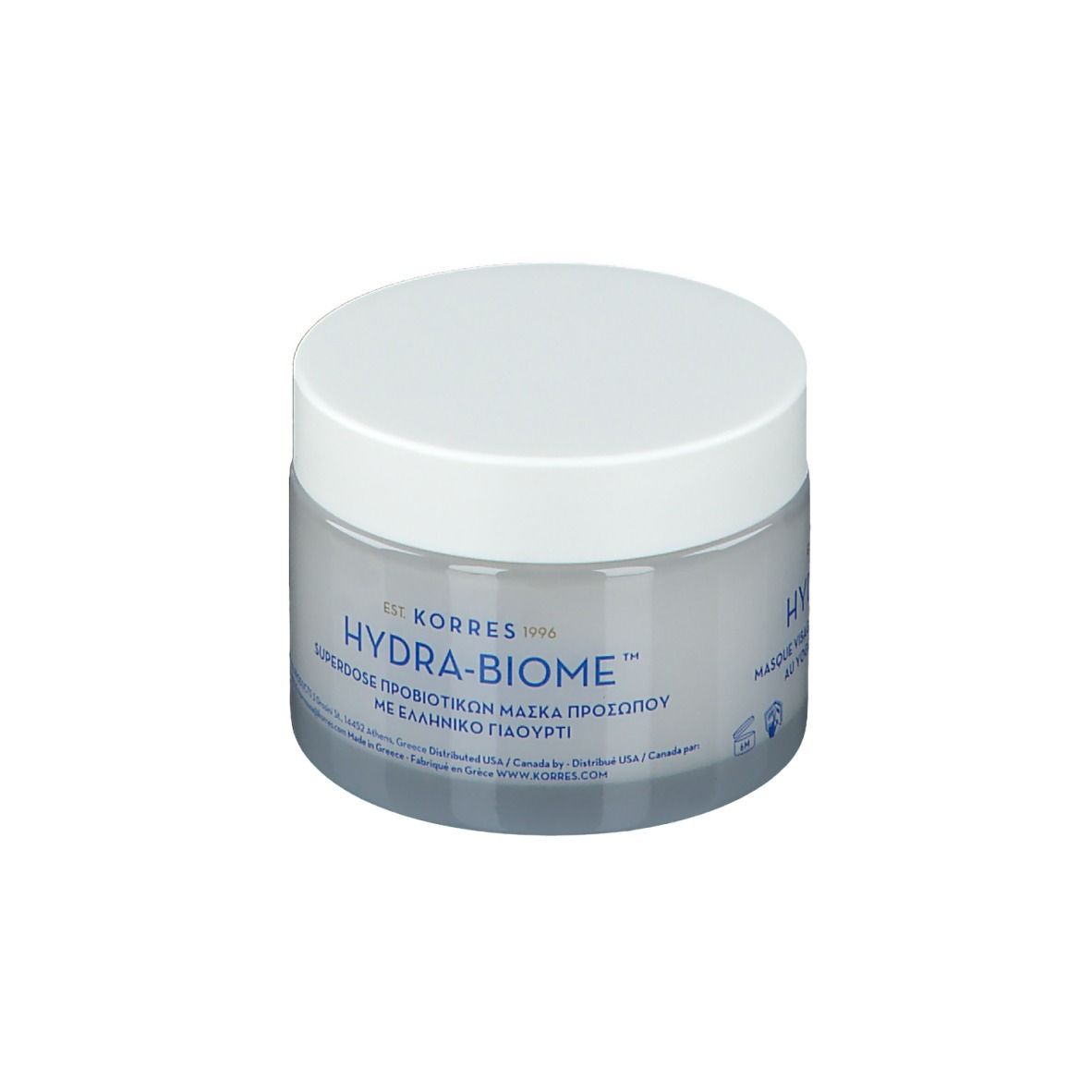 Pot rond transparent avec couvercle blanc. Inscription : HYDRA-BIOME, Superdose probiotikon mazka prosopou me elliniko giagkourti.