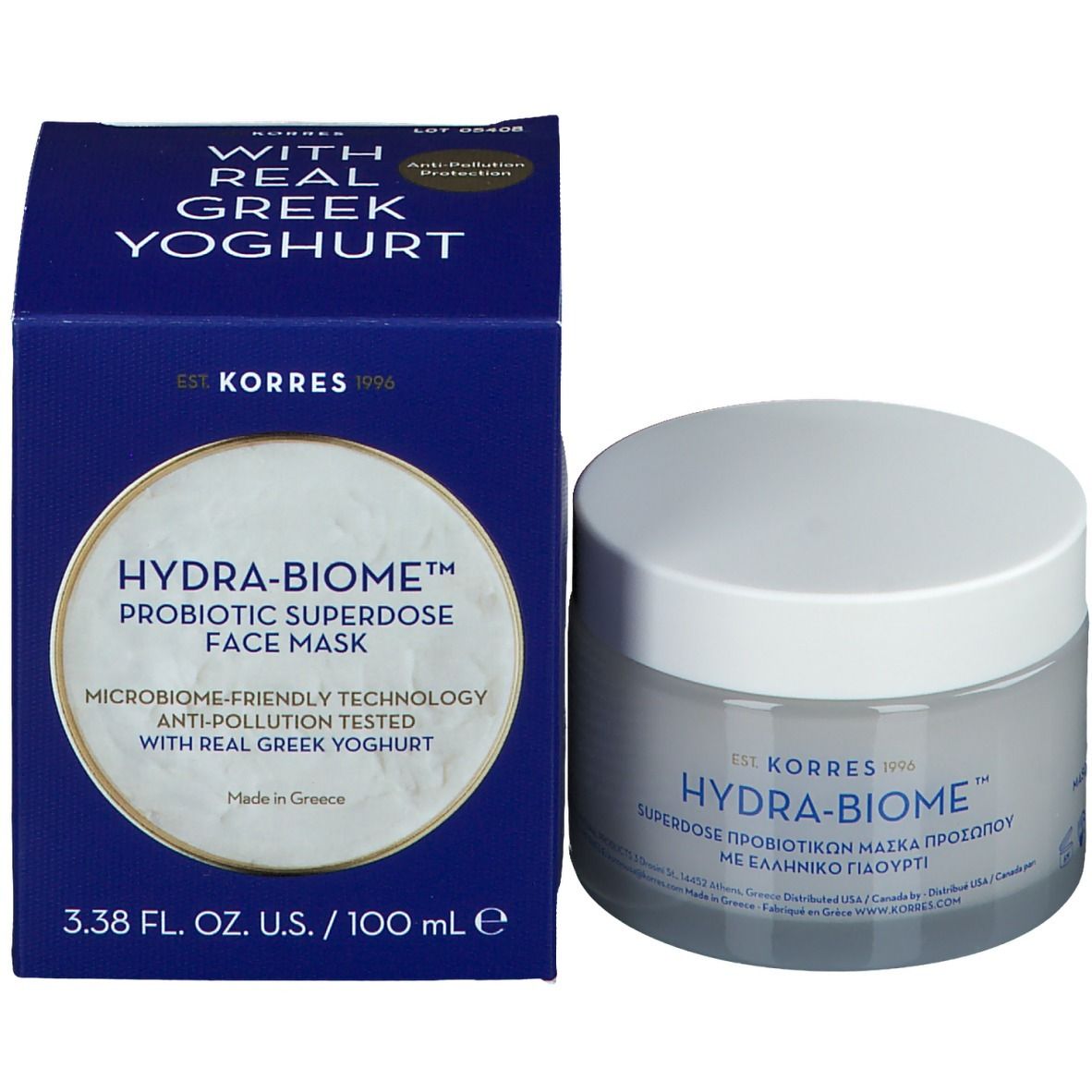 Boîte bleue et pot. Inscription : HYDRA-BIOME, Probiotic superdose face mask, 3.38 fl. oz. U.S. / 100 ml. Avec du vrai yaourt grec.