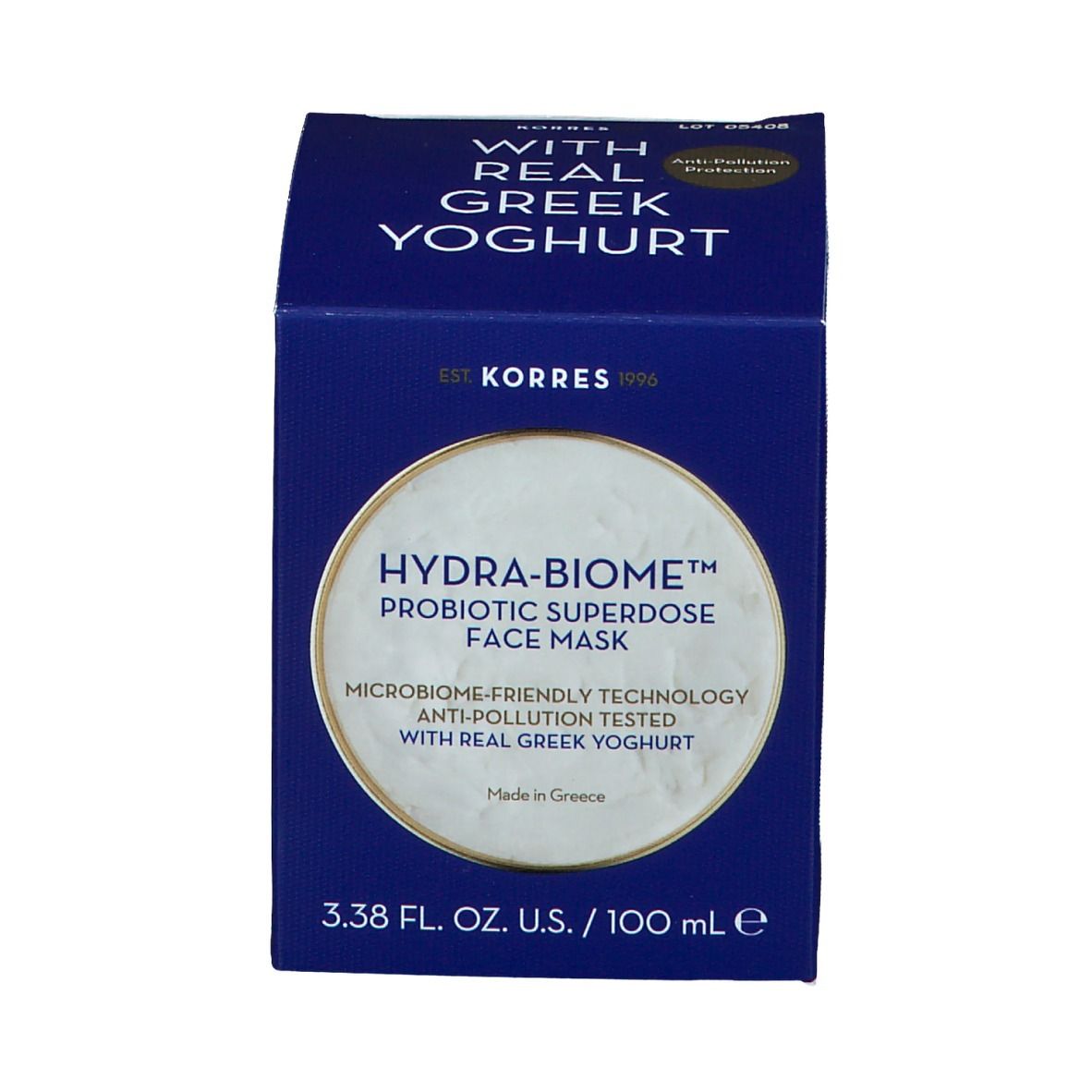 Boîte bleue. Inscription : HYDRA-BIOME, Probiotic superdose face mask, 3.38 fl. oz. U.S. / 100 ml. Avec du vrai yaourt grec.