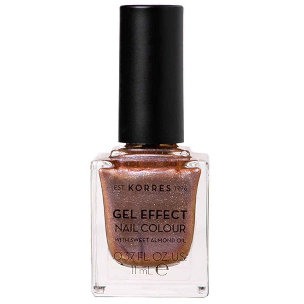 Korres Gel Effect Nagellack. Braune Nagellackflasche mit schwarzem Deckel. Text: Gel Effect Nail Colour.