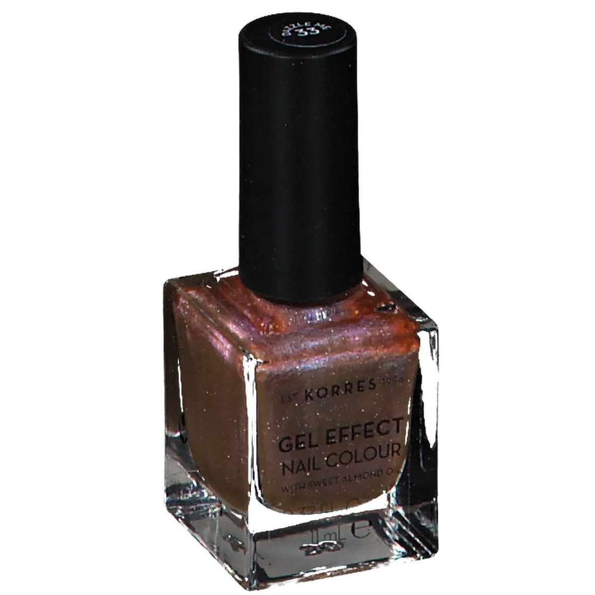 Korres Gel Effect Nagellack. Braune Nagellackflasche mit schwarzem Deckel. Farbcode 33. Text: Gel Effect Nail Colour.