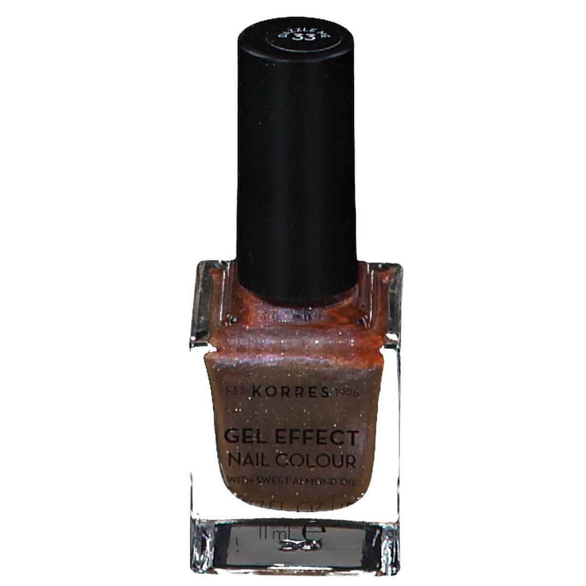 Korres Gel Effect Nagellack. Braune Nagellackflasche mit schwarzem Deckel. Farbcode 33. Text: Gel Effect Nail Colour.