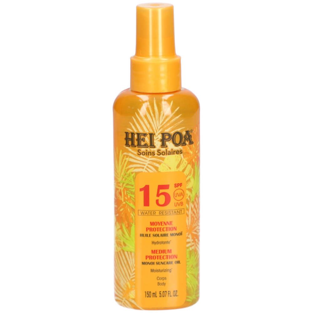 Flacon spray orange avec bouchon jaune. Inscription : HEI POA, SPF 15, protection moyenne. Pour visage et corps.