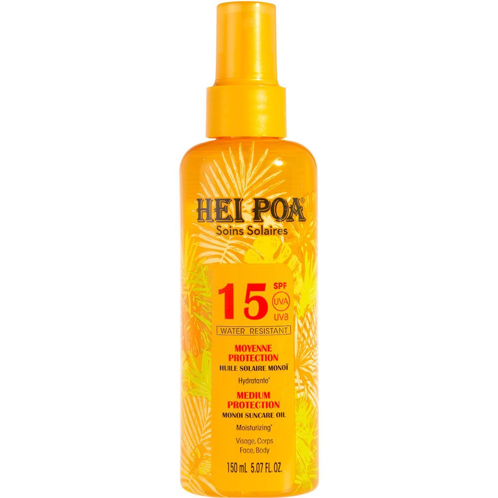 Flacon spray orange avec bouchon jaune. Inscription : HEI POA, SPF 15, protection moyenne. Pour visage et corps.