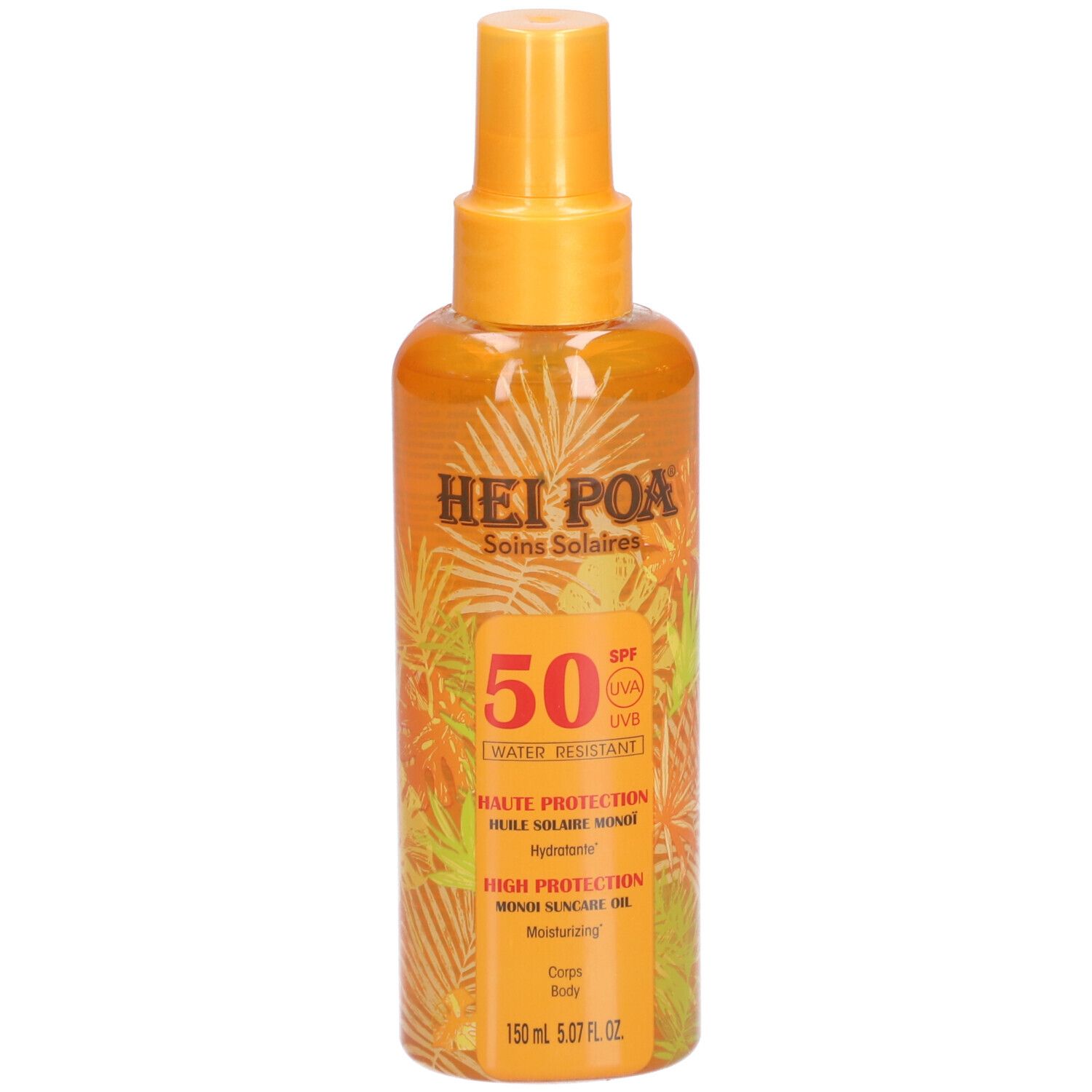 Zonne-olie spray met SPF 50. Oranje fles met verstuiver. Opschrift: HEI POA, 50, Water Resistant.