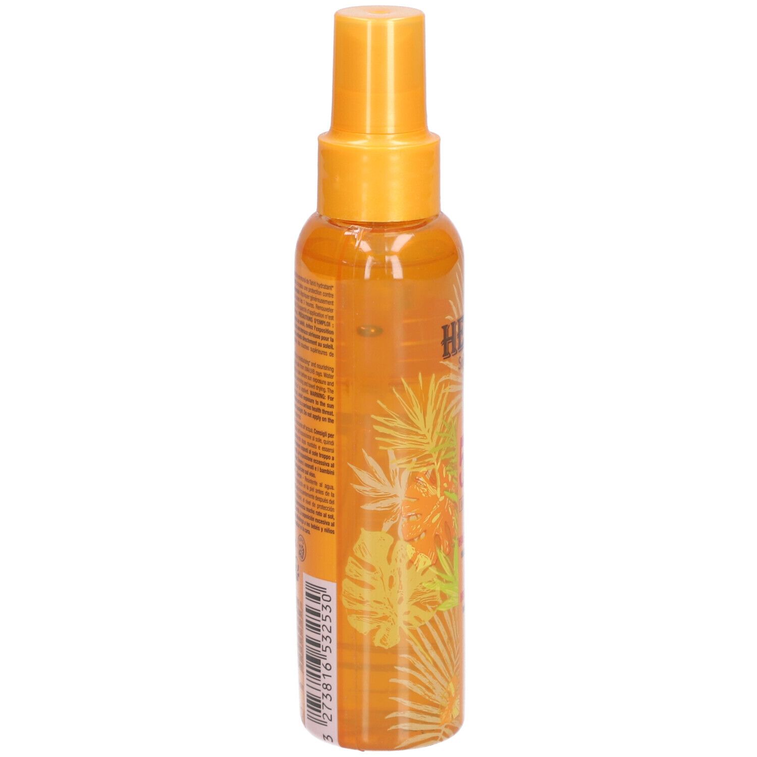 Zonne-olie spray, oranje fles. Opschrift: HEI POA. Achterkant met tekst en barcode.