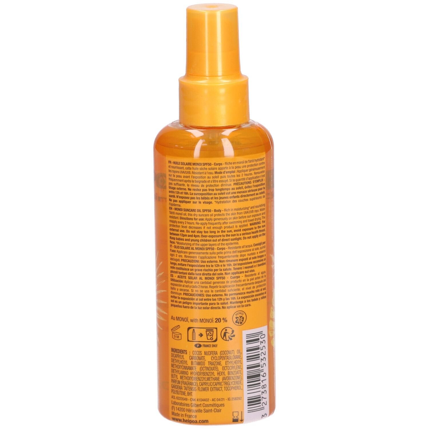 Zonne-olie spray, achterkant met tekst. Opschrift: HEI POA, ingrediënten, waarschuwingen, barcode.