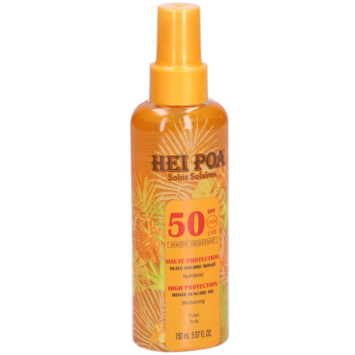 Zonne-olie spray met SPF 50. Oranje fles met verstuiver. Opschrift: HEI POA, 50, Water Resistant.