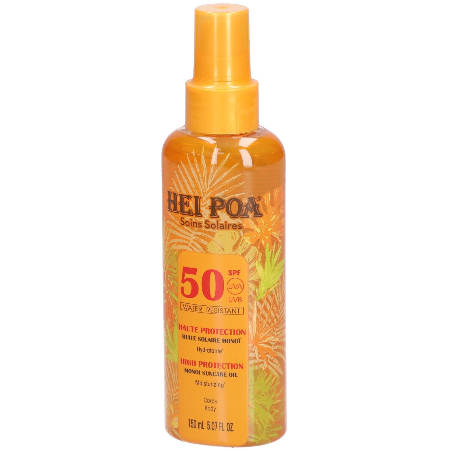 Zonne-olie spray met SPF 50. Oranje fles met verstuiver. Opschrift: HEI POA, 50, Water Resistant.