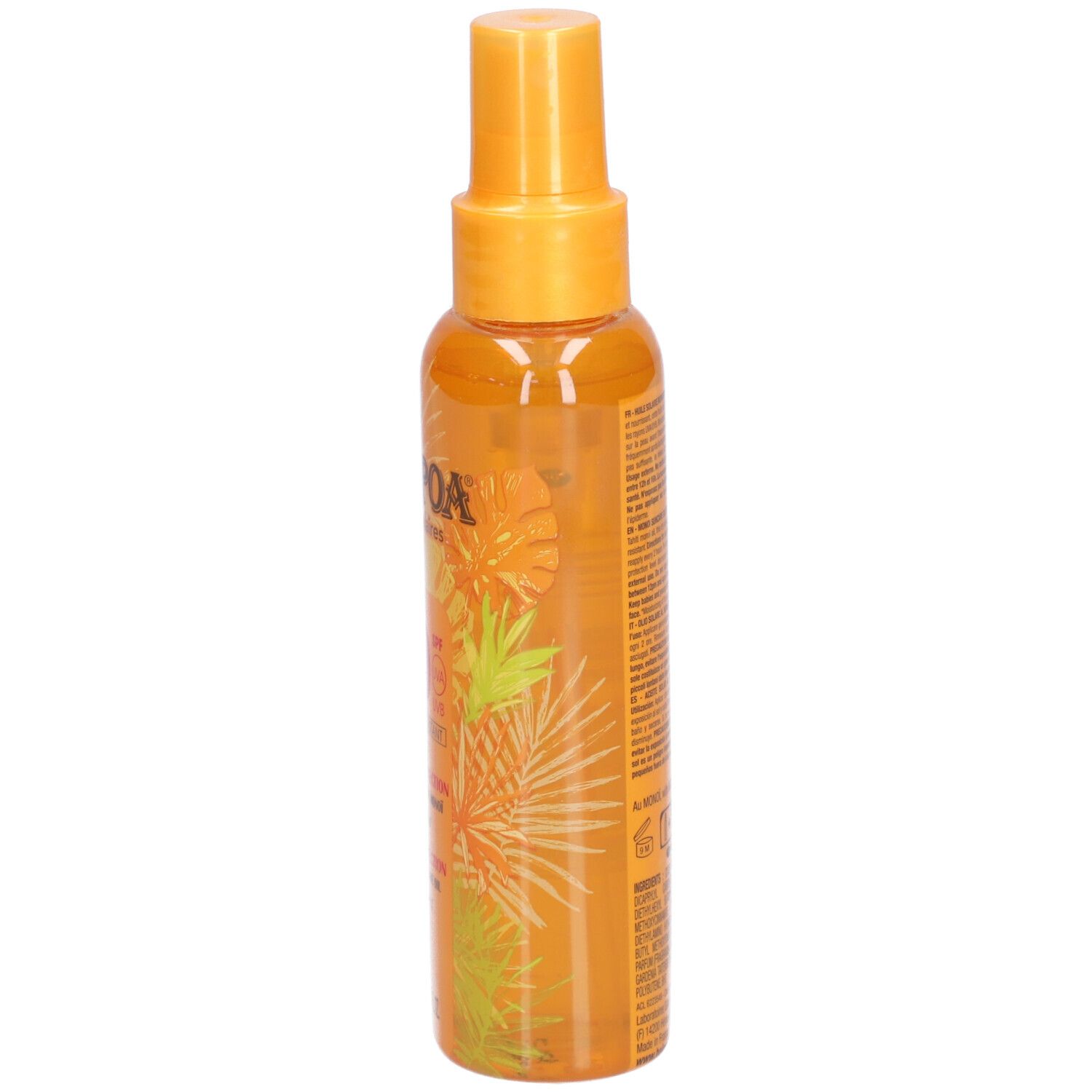Zonne-olie spray, oranje fles. Opschrift: HEI POA. Achterkant met tekst en barcode.