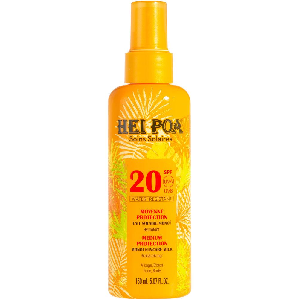 Oranje fles met verstuiver. Opschrift: HEI POA, Soins Solaires, 20 SPF, waterbestendig. Tekst: Moyenne Protection, Lait Solaire Monoi.