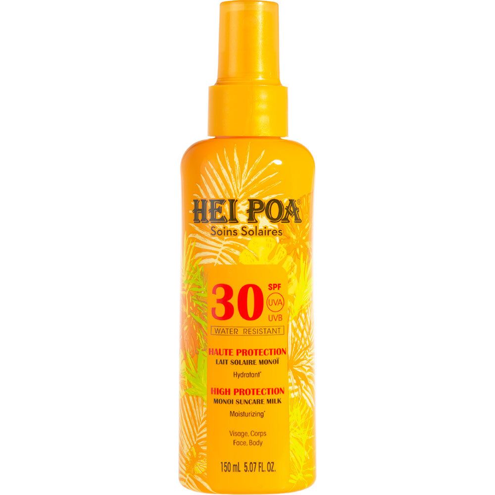 Oranje sprayfles met gele sproeikop. Opschrift: HEI POA, SPF 30, Lait Solaire Monoi. Waterbestendig.