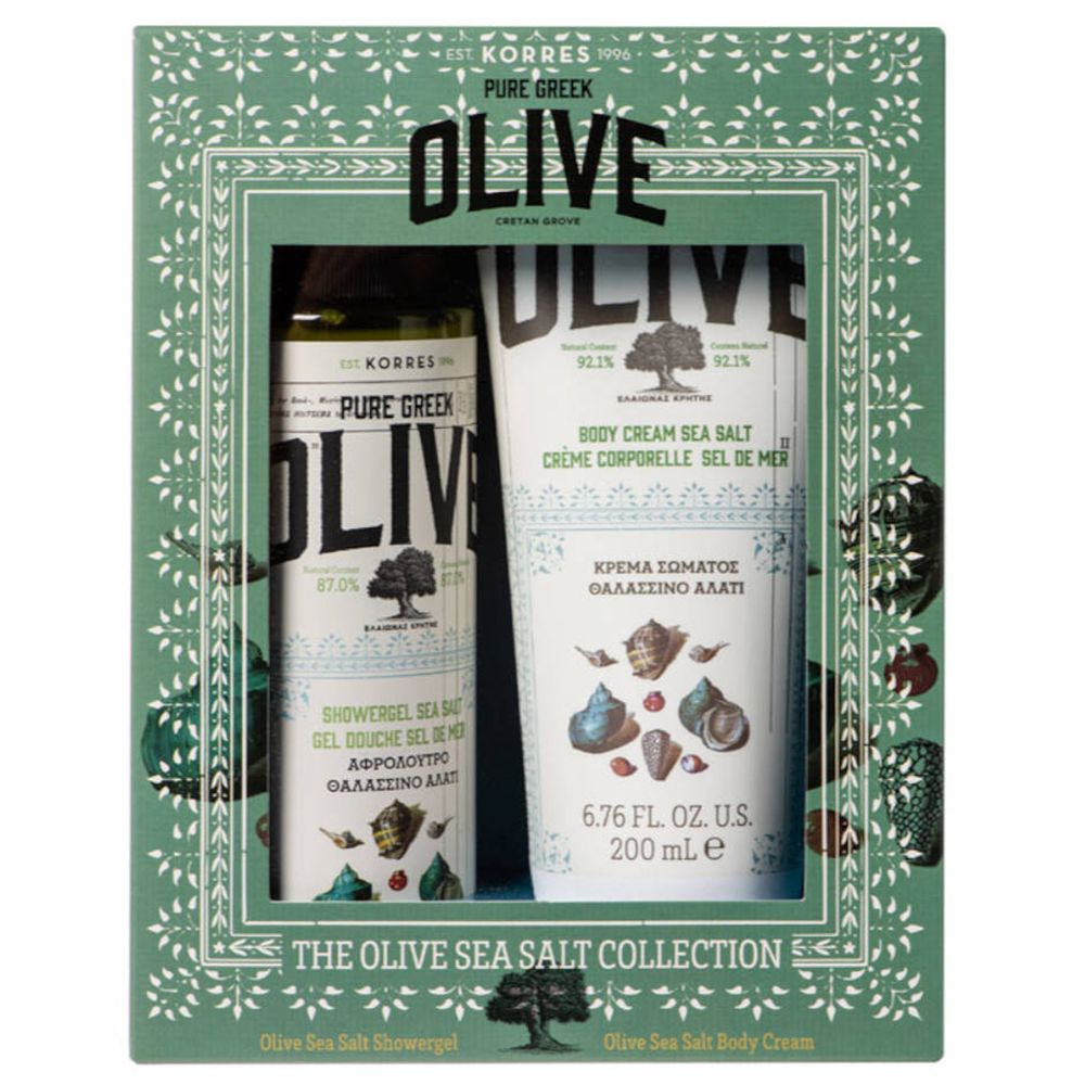 Coffret cadeau avec gel douche et crème pour le corps. Design olive, emballage vert. Texte : OLIVE, KORRES, Pure Greek.