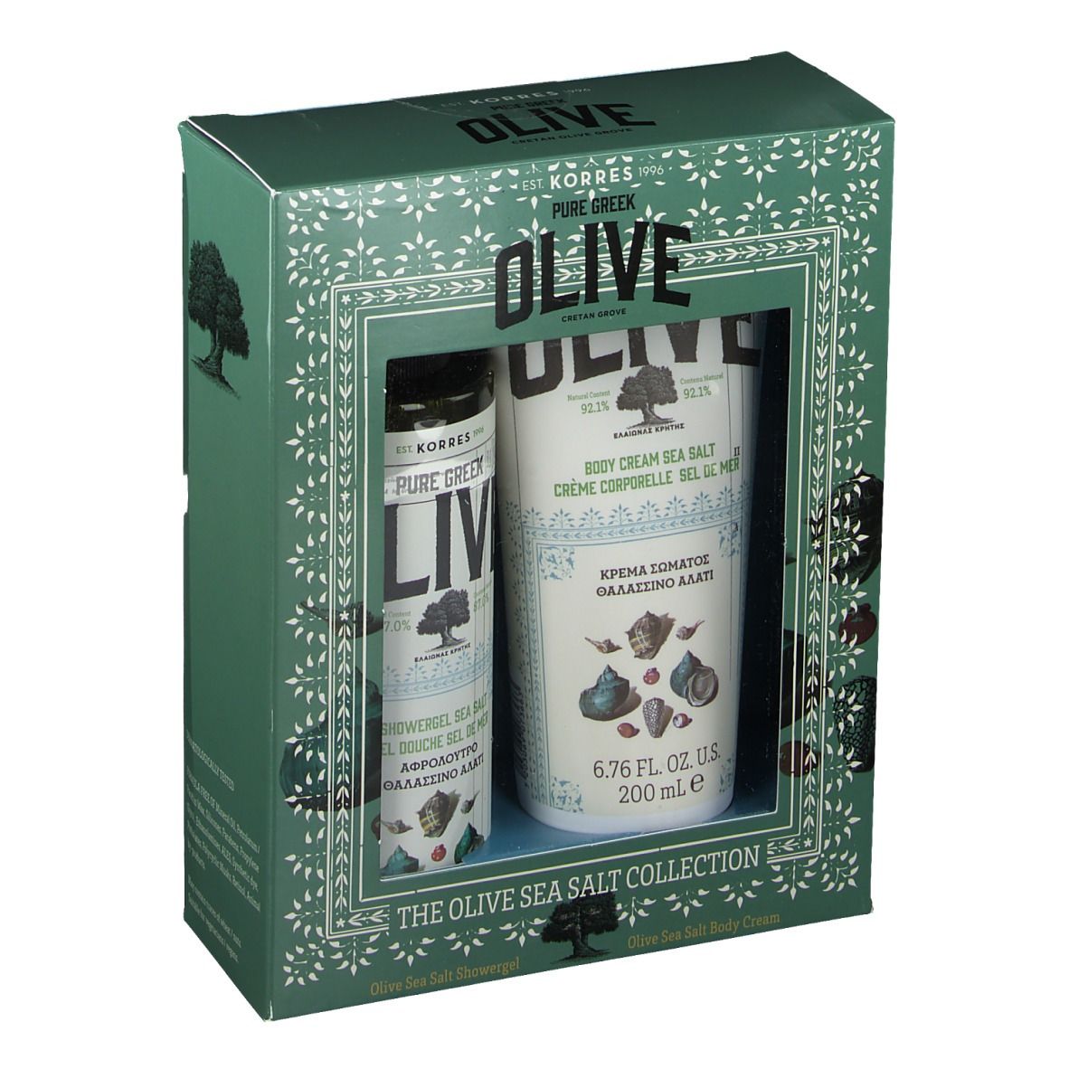 Boîte cadeau verte avec gel douche et crème pour le corps. Texte : OLIVE, KORRES, Pure Greek, The Olive Sea Salt Collection.