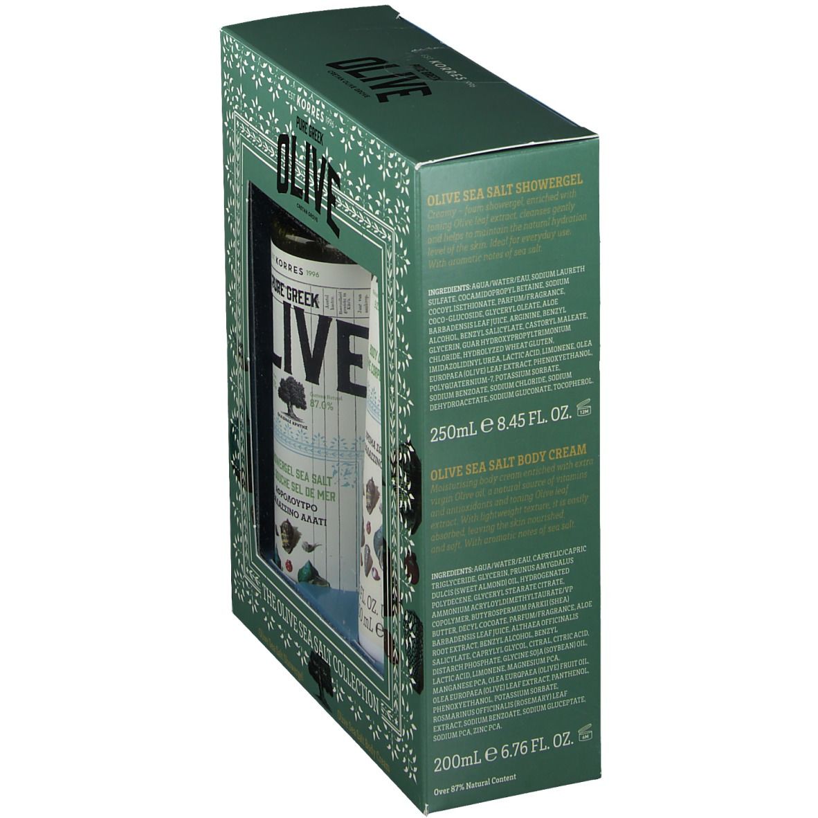 Boîte cadeau verte avec gel douche et crème pour le corps. Dos avec ingrédients et texte. Texte : OLIVE, KORRES.