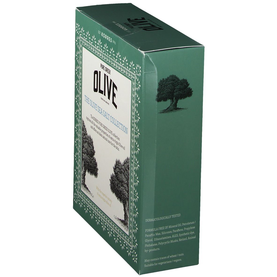 Boîte cadeau verte, en biais. Texte : OLIVE, KORRES, The Olive Sea Salt Collection. Illustration d'olivier.