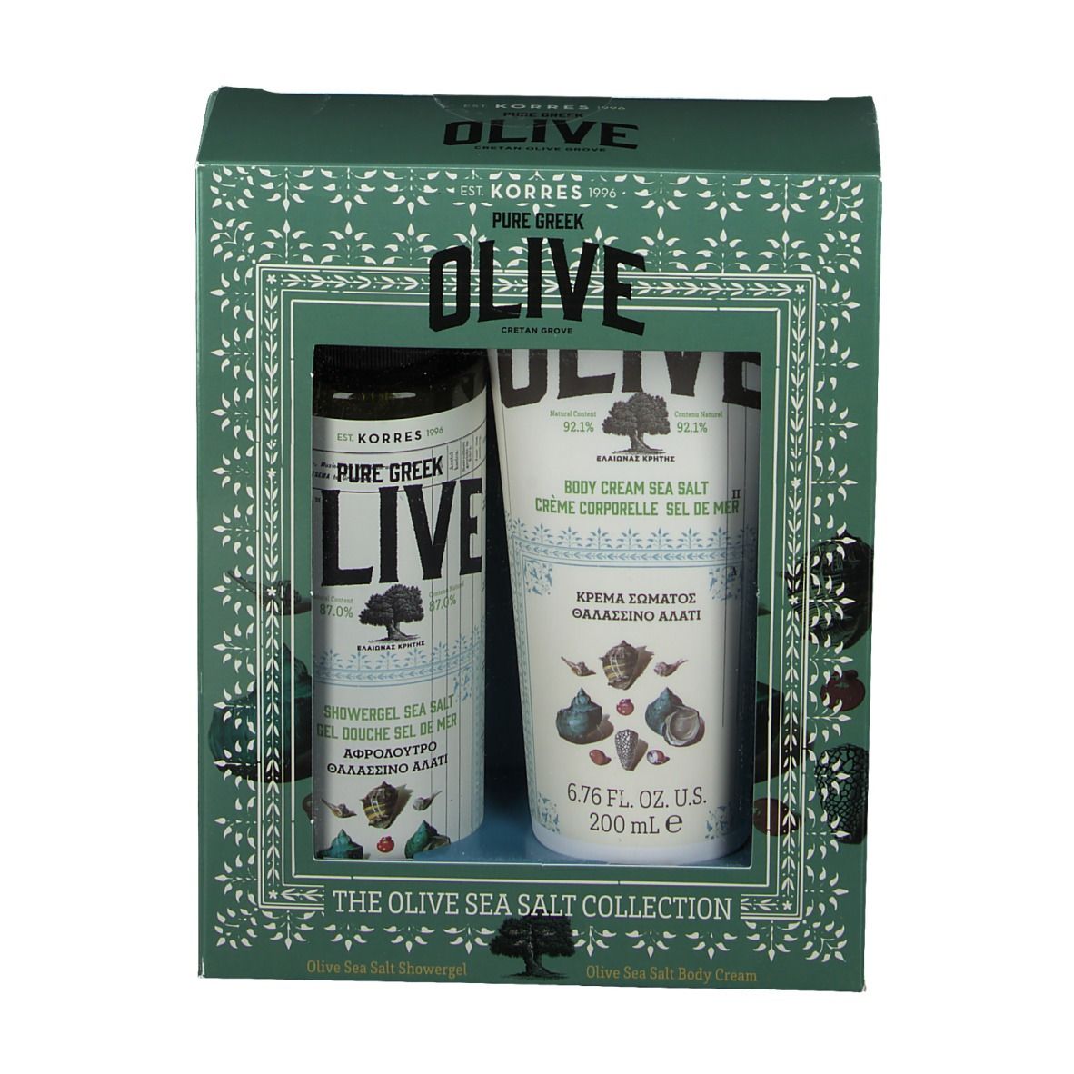 Coffret cadeau avec gel douche et crème pour le corps. Emballage vert, texte : OLIVE, KORRES, Pure Greek, The Olive Sea Salt Collection.