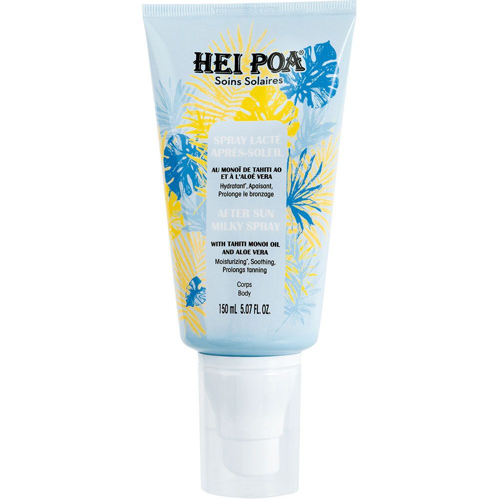 Tube HEI POA Spray Lait Après-Soleil. Opschrift Soins Solaires. Met Monoi-olie en aloë vera. Blauwe en gele decoratie.