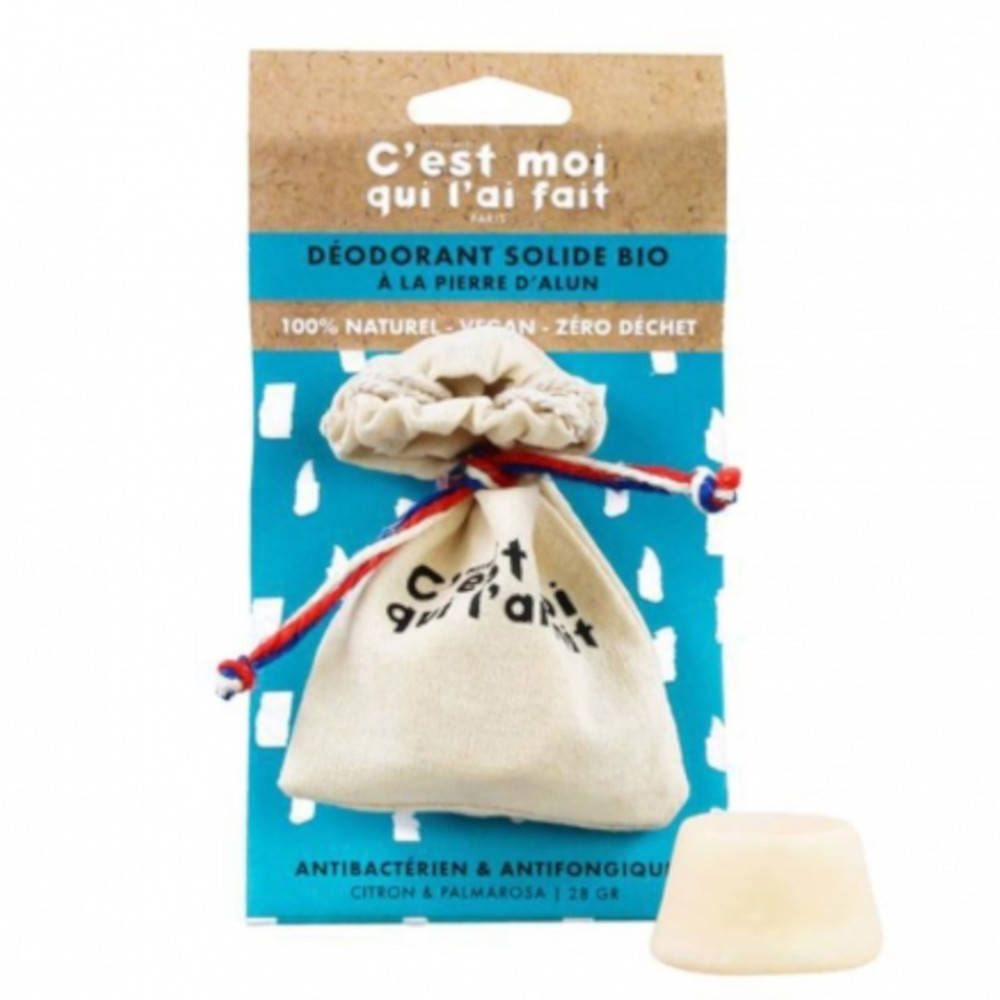 Déodorant solide avec sachet et emballage. Texte : C'est moi qui l'ai fait. Bio, pierre d'alun, vegan, antibactérien, citron & palmarosa.