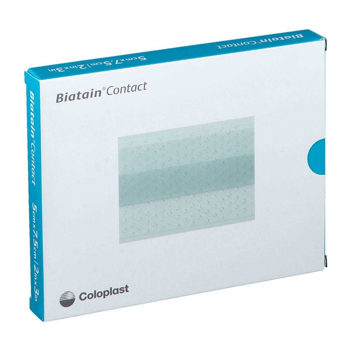 Emballage de Biatain Contact. Inscription : Coloplast, 5cmx7.5cm/2in x 3in.