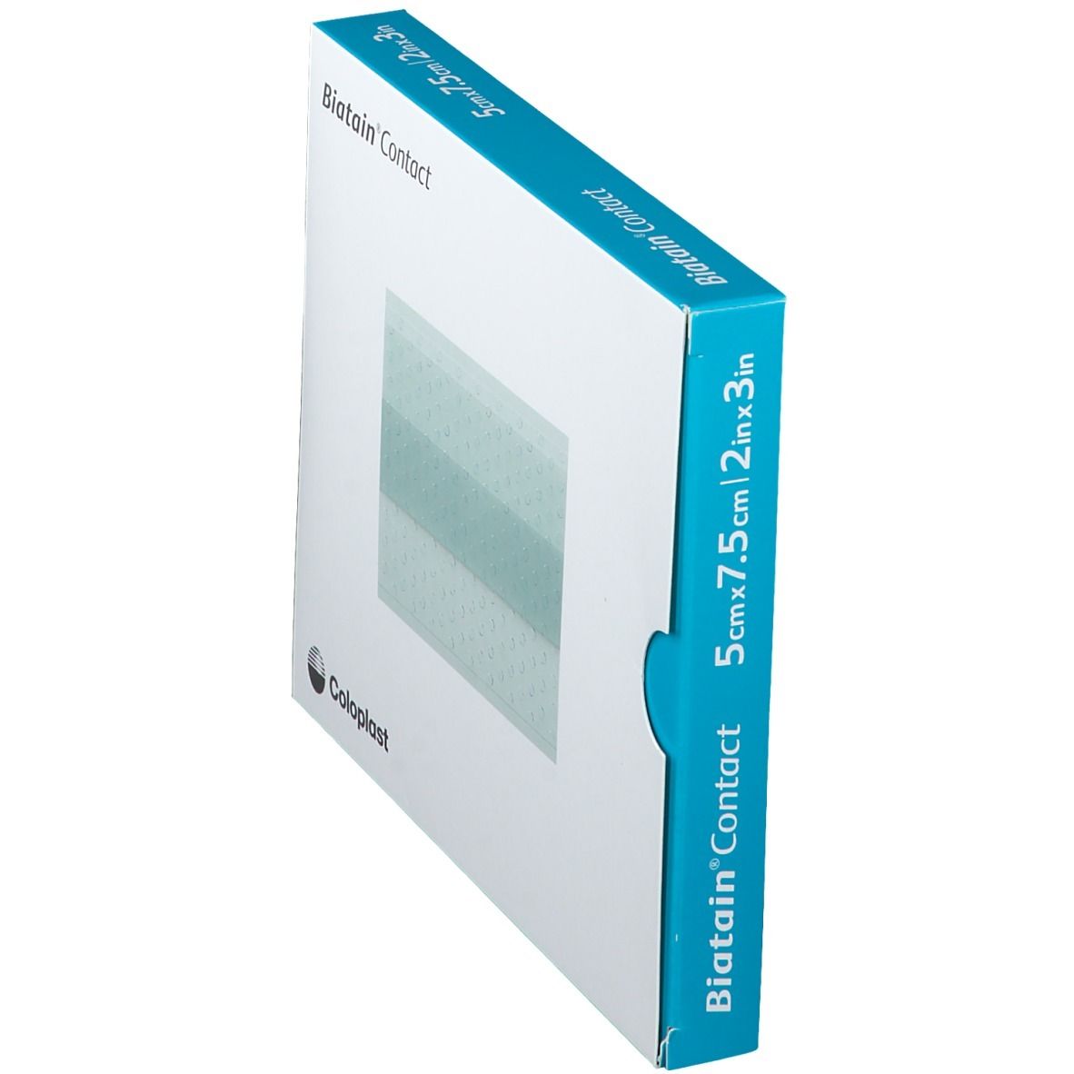 Emballage Biatain Contact en biais. Inscription : Coloplast, 5cmx7.5cm/2in x 3in.