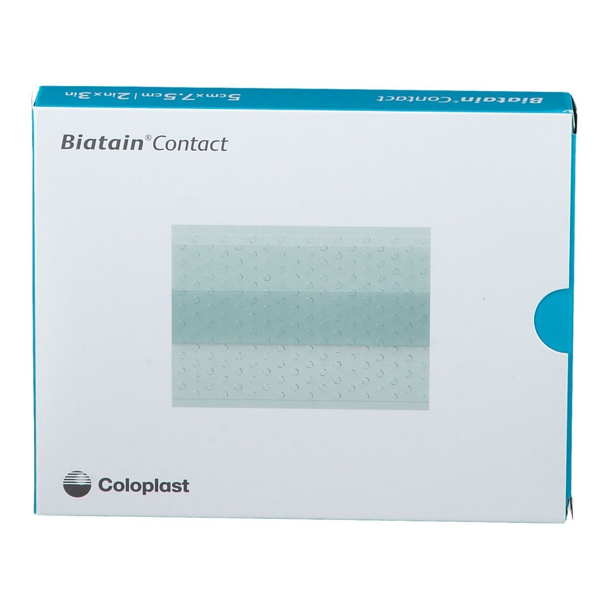 Emballage de Biatain Contact. Inscription : Coloplast, 5cmx7.5cm/2in x 3in.