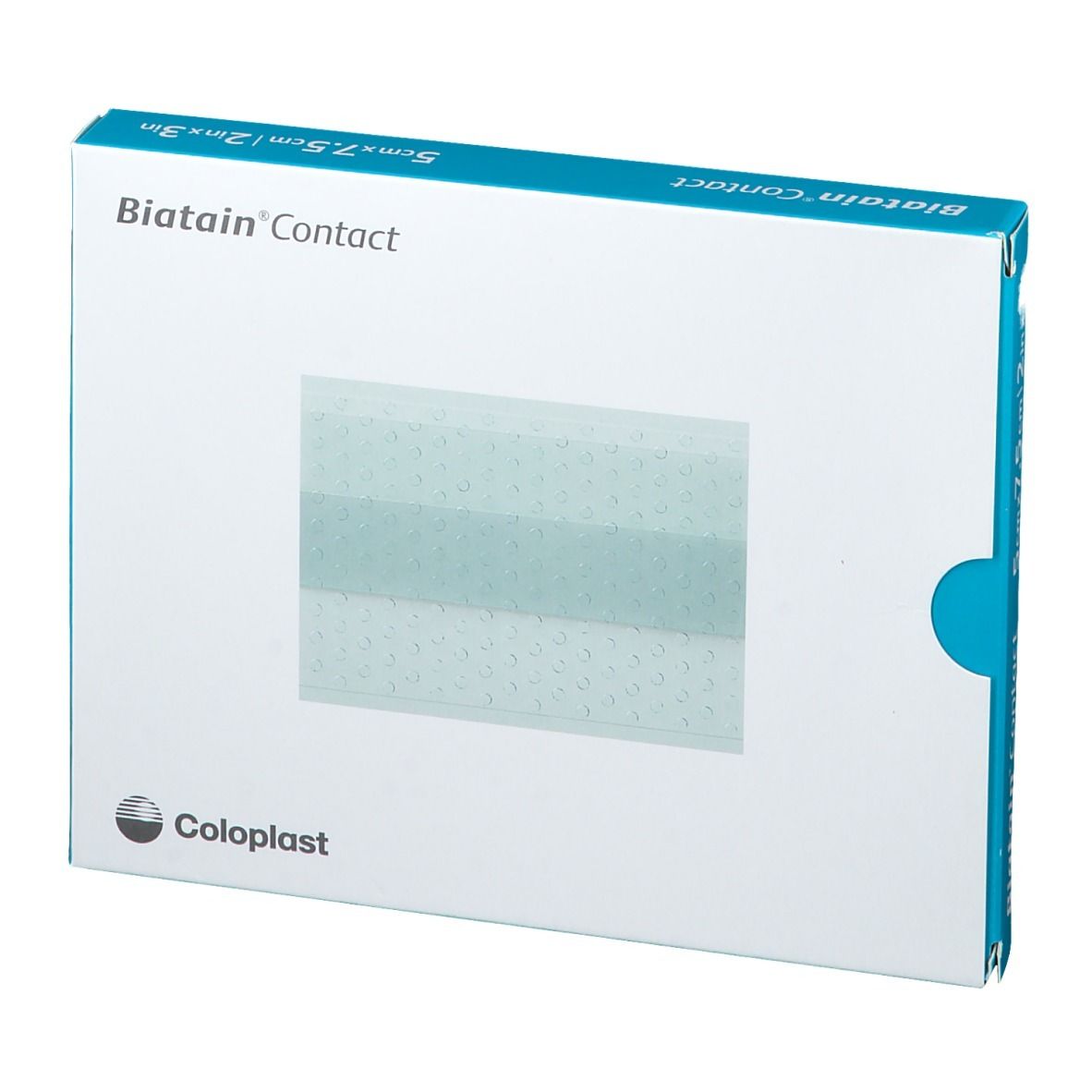Emballage de Biatain Contact. Inscription : Coloplast, 5cmx7.5cm/2in x 3in.