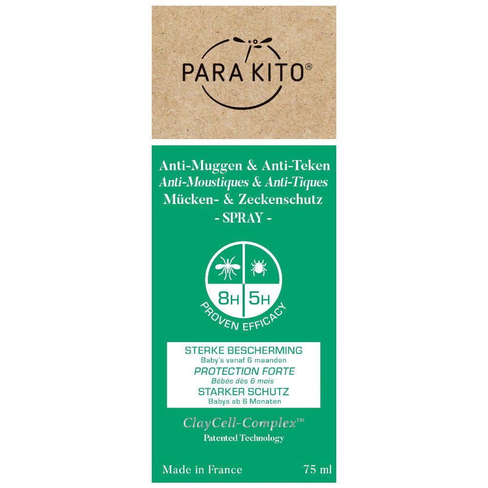 Emballage spray Para'Kito®. Anti-Moustiques & Tiques. Protection 8h & 5h. 75 ml. Fabriqué en France.