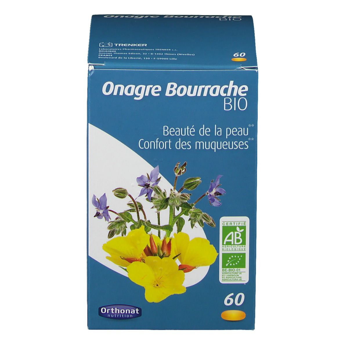 Boîte bleue avec 'Onagre Bourrache BIO'. Illustration florale. Contient 60 gélules. Certification bio.