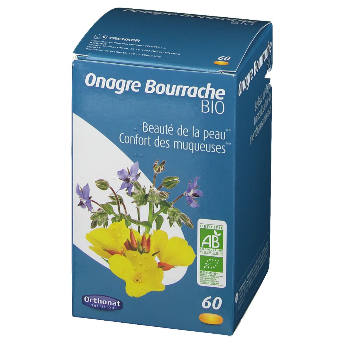 Boîte bleue avec 'Onagre Bourrache BIO'. Illustration florale. Contient 60 gélules. Certification bio.