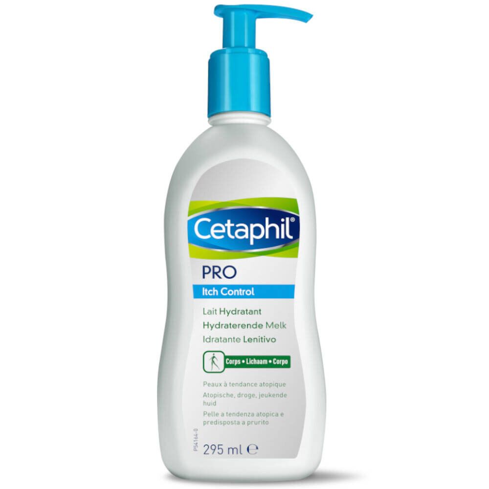 Flacon blanc avec pompe bleue. Inscription Cetaphil PRO Itch Control. 295 ml.