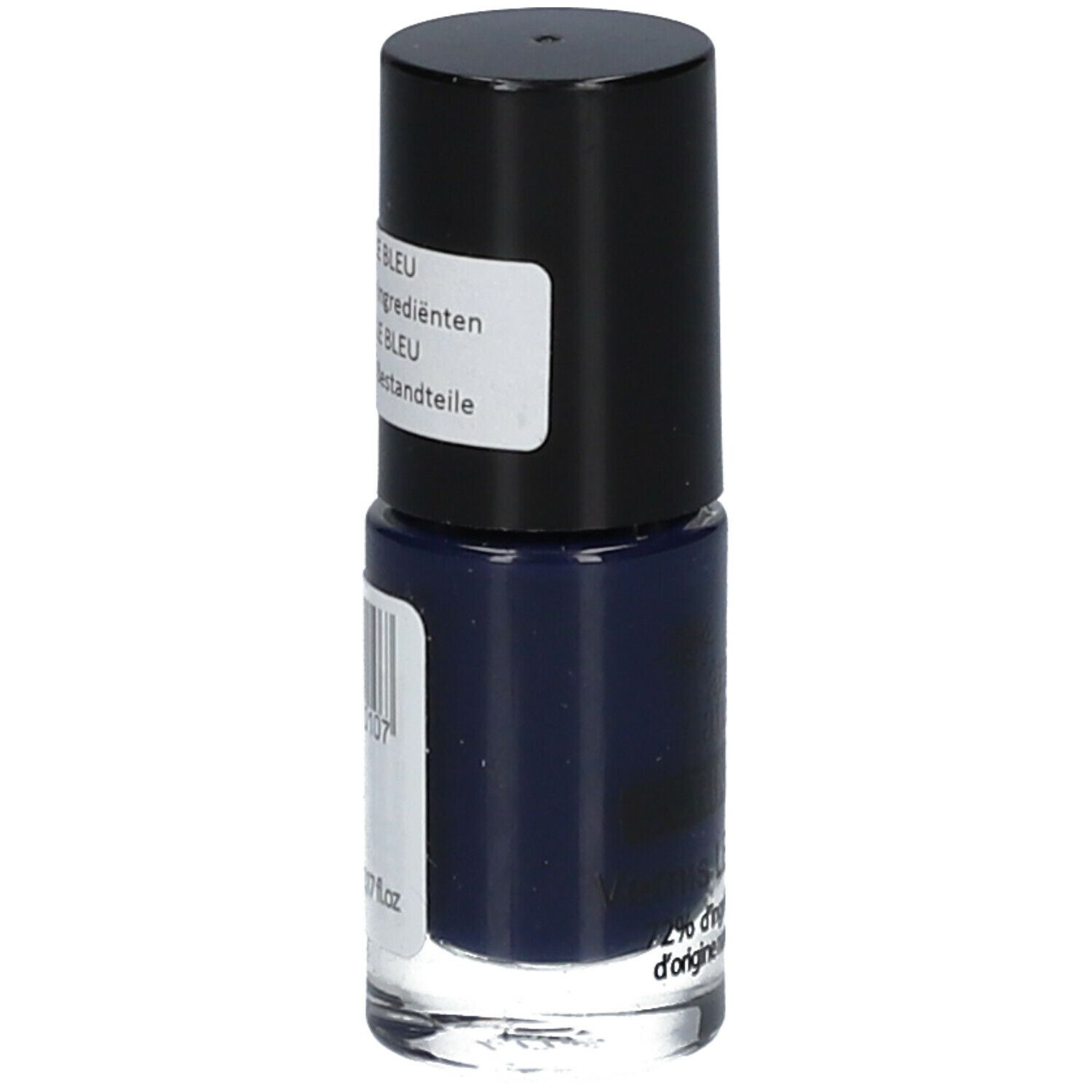 Donkerblauwe nagellakfles met zwarte dop. Etiket met ingrediënten en barcode.