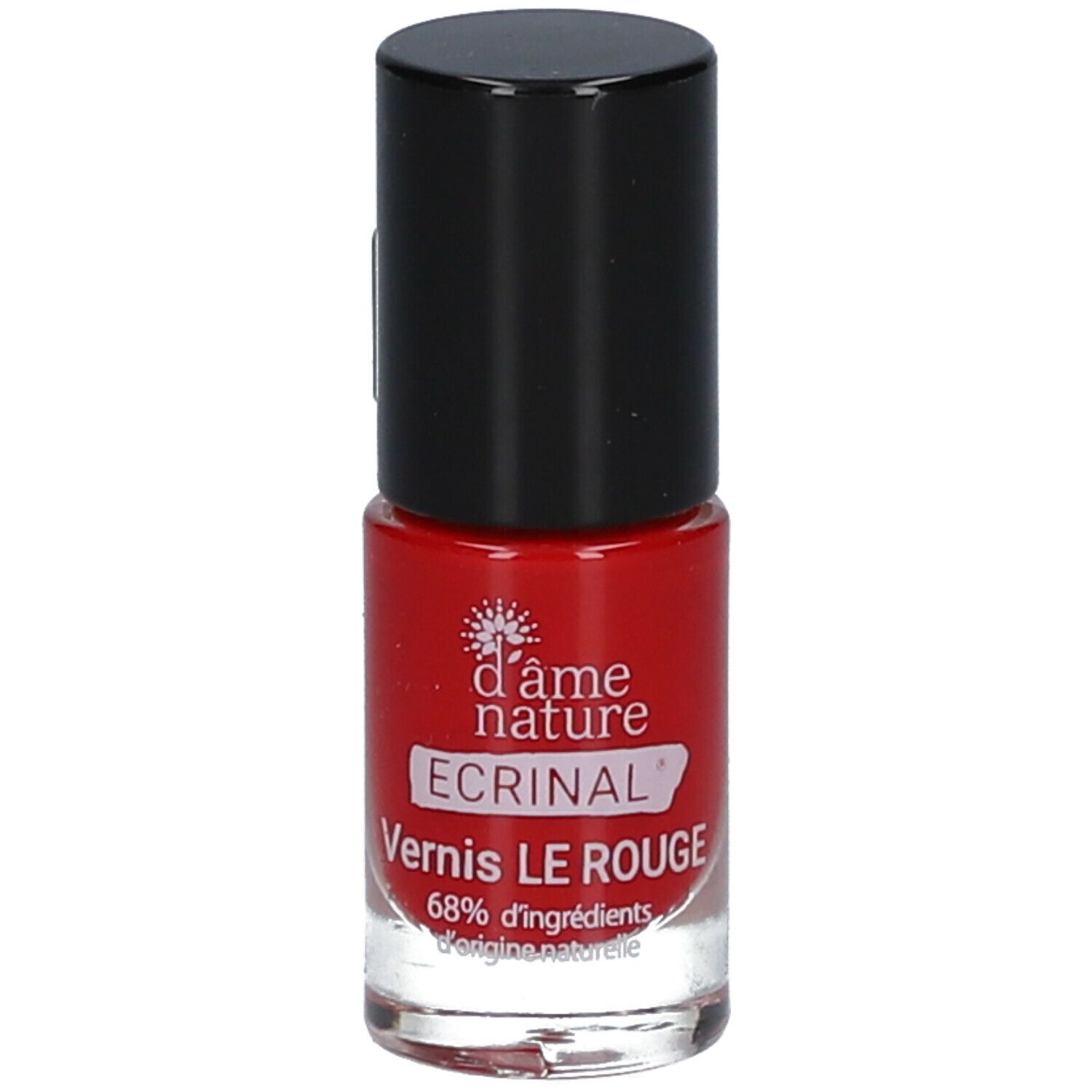Rode nagellakfles met zwarte dop. Opschrift: d'âme nature, ECRINAL, Vernis LE ROUGE. 68% ingrediënten van natuurlijke oorsprong.