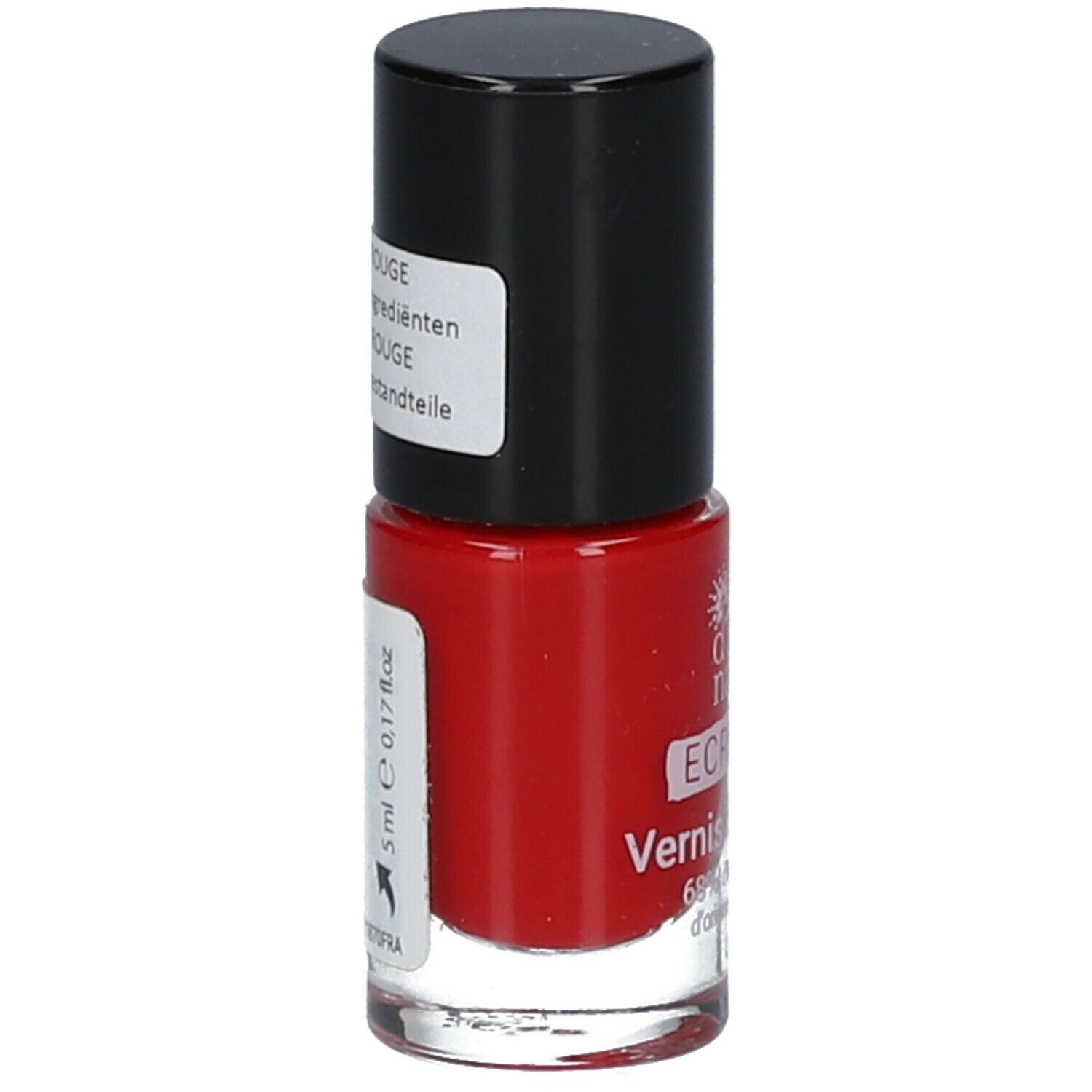 Rode nagellakfles met zwarte dop. Etiket met productinformatie. Opschrift: ECRINAL, Vernis LE ROUGE. 5 ml.