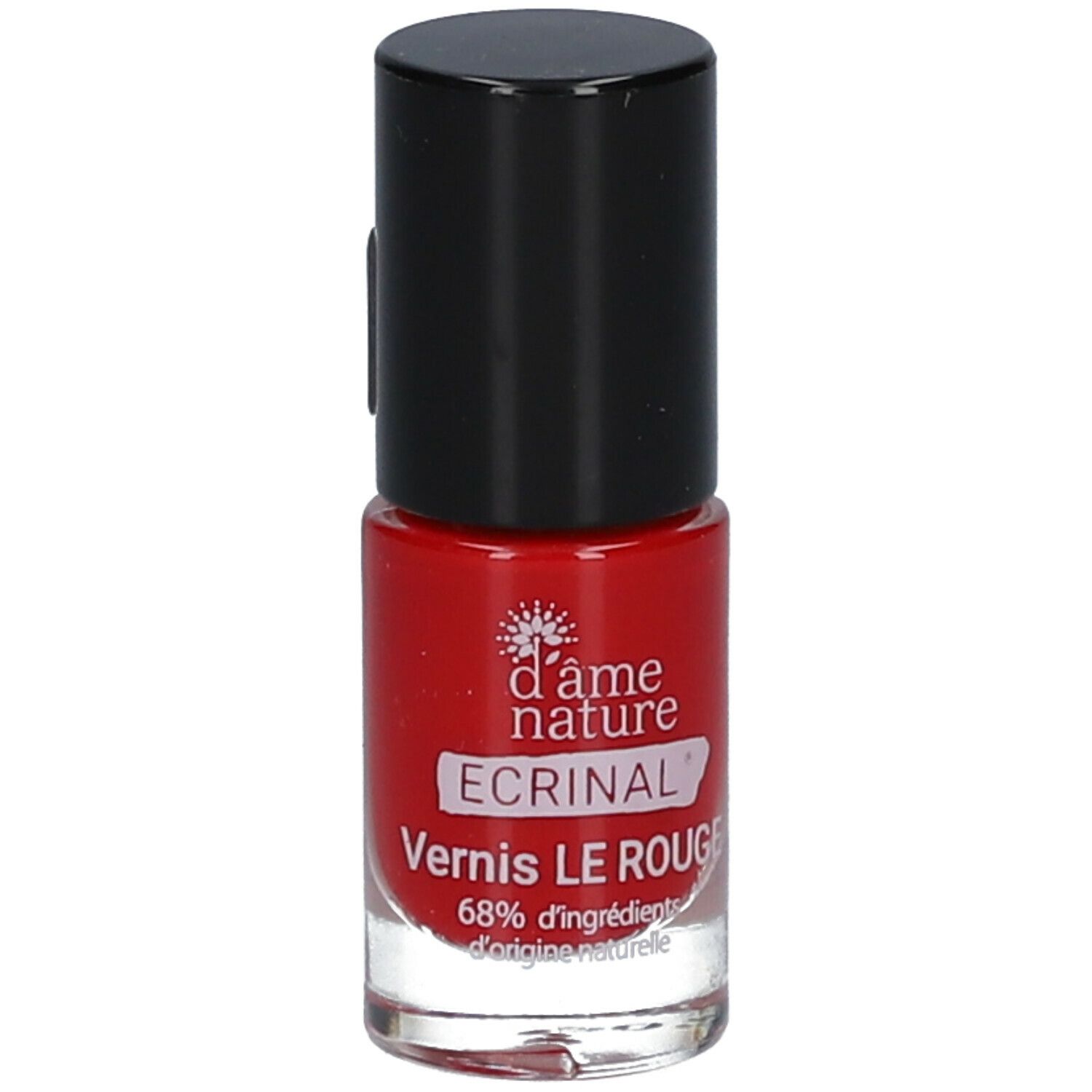 Rode nagellakfles met zwarte dop. Opschrift: d'âme nature, ECRINAL, Vernis LE ROUGE. 68% ingrediënten van natuurlijke oorsprong.