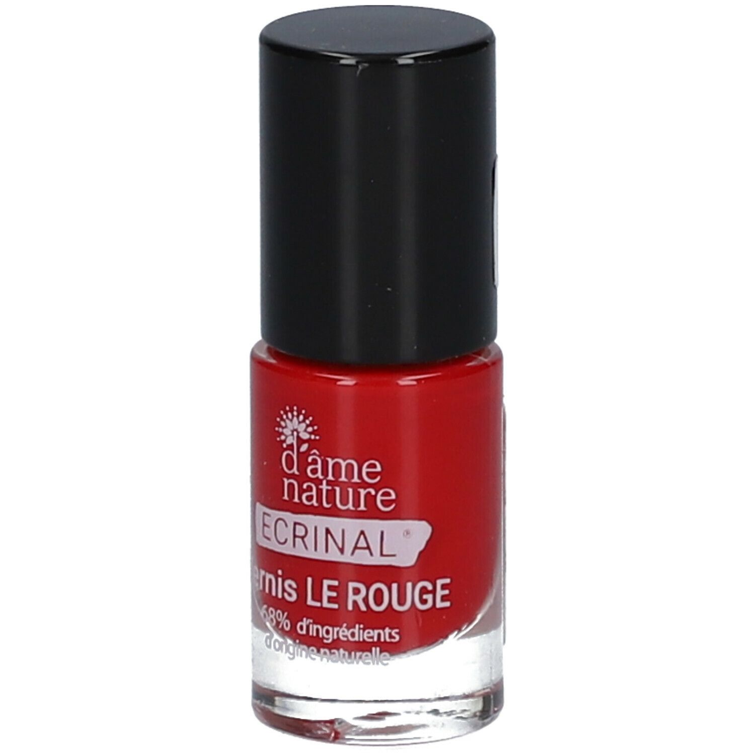 Rode nagellakfles met zwarte dop. Opschrift: d'âme nature, ECRINAL, Vernis LE ROUGE. 68% ingrediënten van natuurlijke oorsprong.