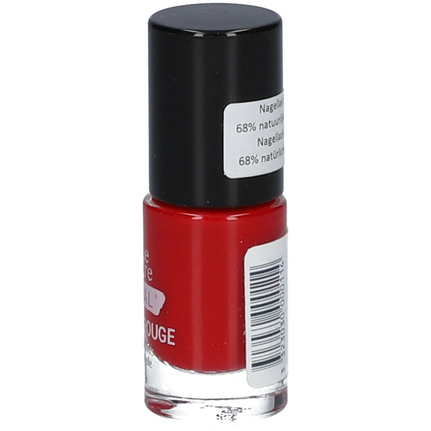 Rode nagellakfles met zwarte dop. Etiket met productinformatie. Opschrift: ECRINAL, Vernis LE ROUGE. 68% natuurlijk.