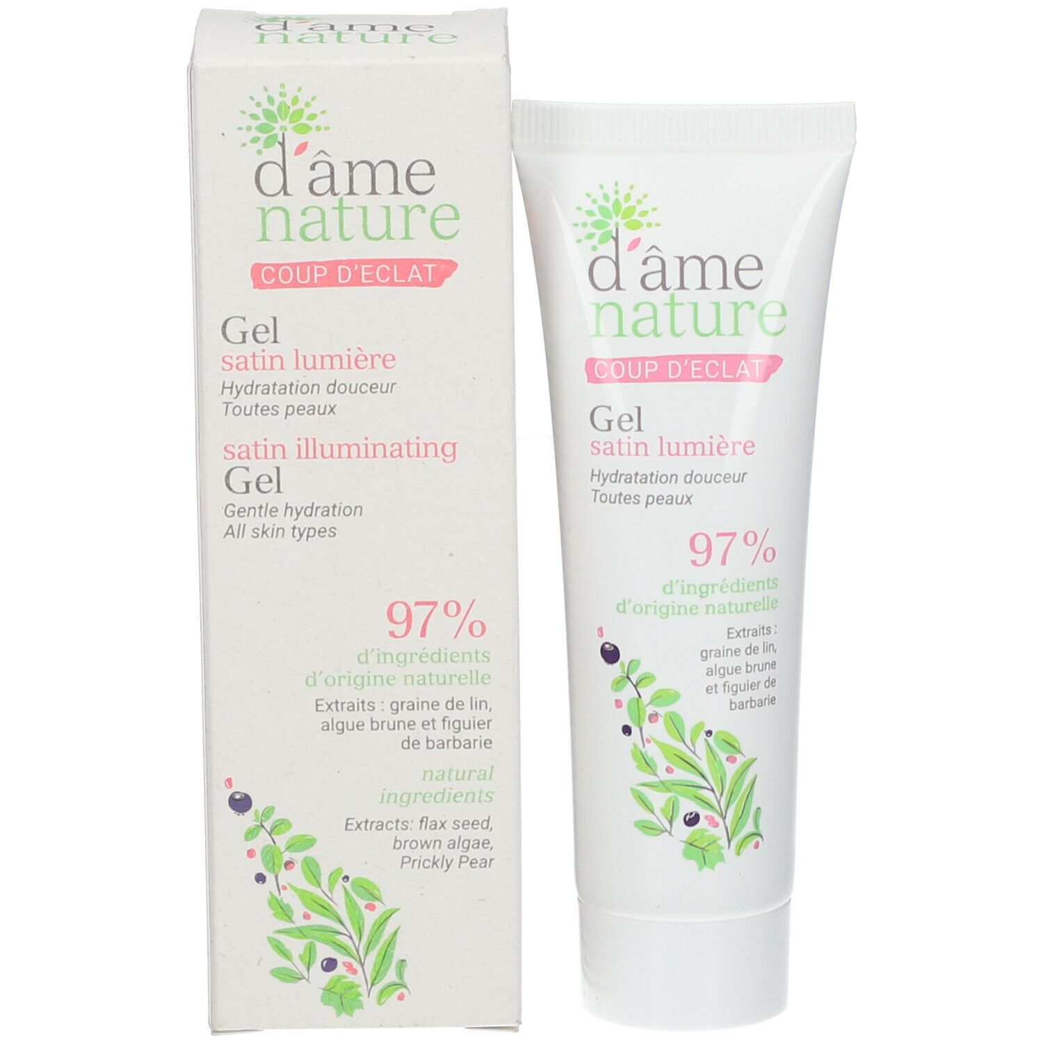 Produktverpackung: Tube und Schachtel. Text: d'âme nature, Gel satin lumière, 97% natürliche Inhaltsstoffe. Pflanzliche Illustration.