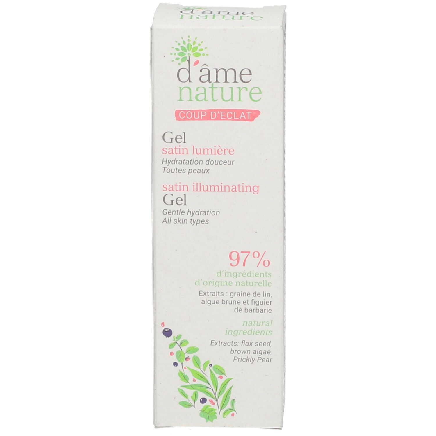 Produktverpackung: Schachtel. Text: d'âme nature, Gel satin lumière, 97% natürliche Inhaltsstoffe. Pflanzliche Illustration.