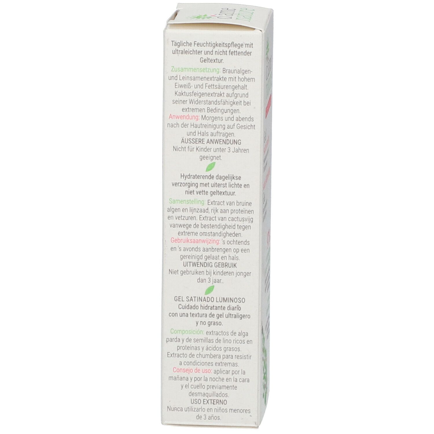Schachtel, Rückseite. Text: tägliche Feuchtigkeitspflege, Inhaltsstoffe, Anwendung, Warnhinweise. Text in Deutsch, Französisch, Spanisch.