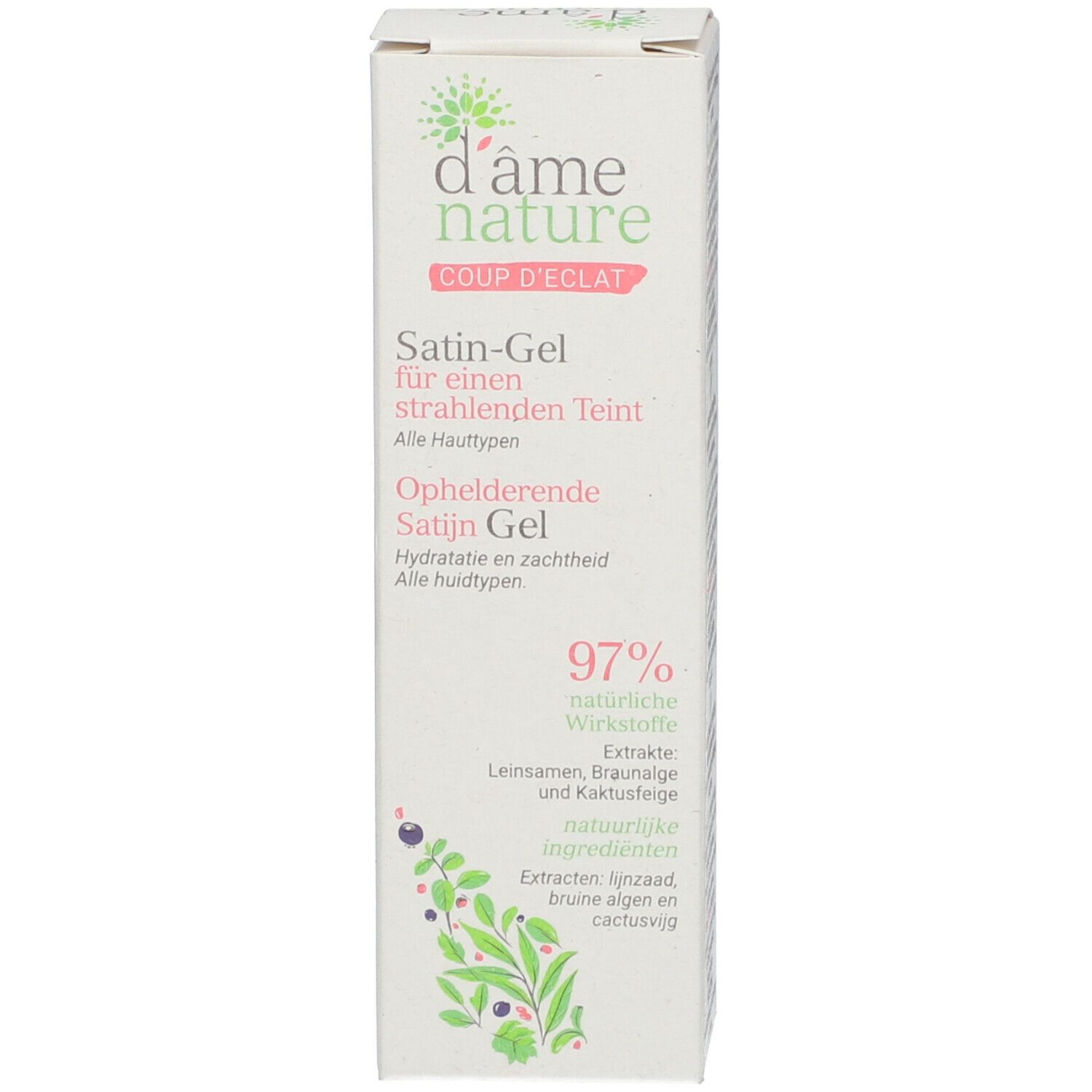 Schachtel, Seite. Text: Satin-Gel, Ophelderende Satijn Gel, 97% natürliche Wirkstoffe. Text in Deutsch und Niederländisch.