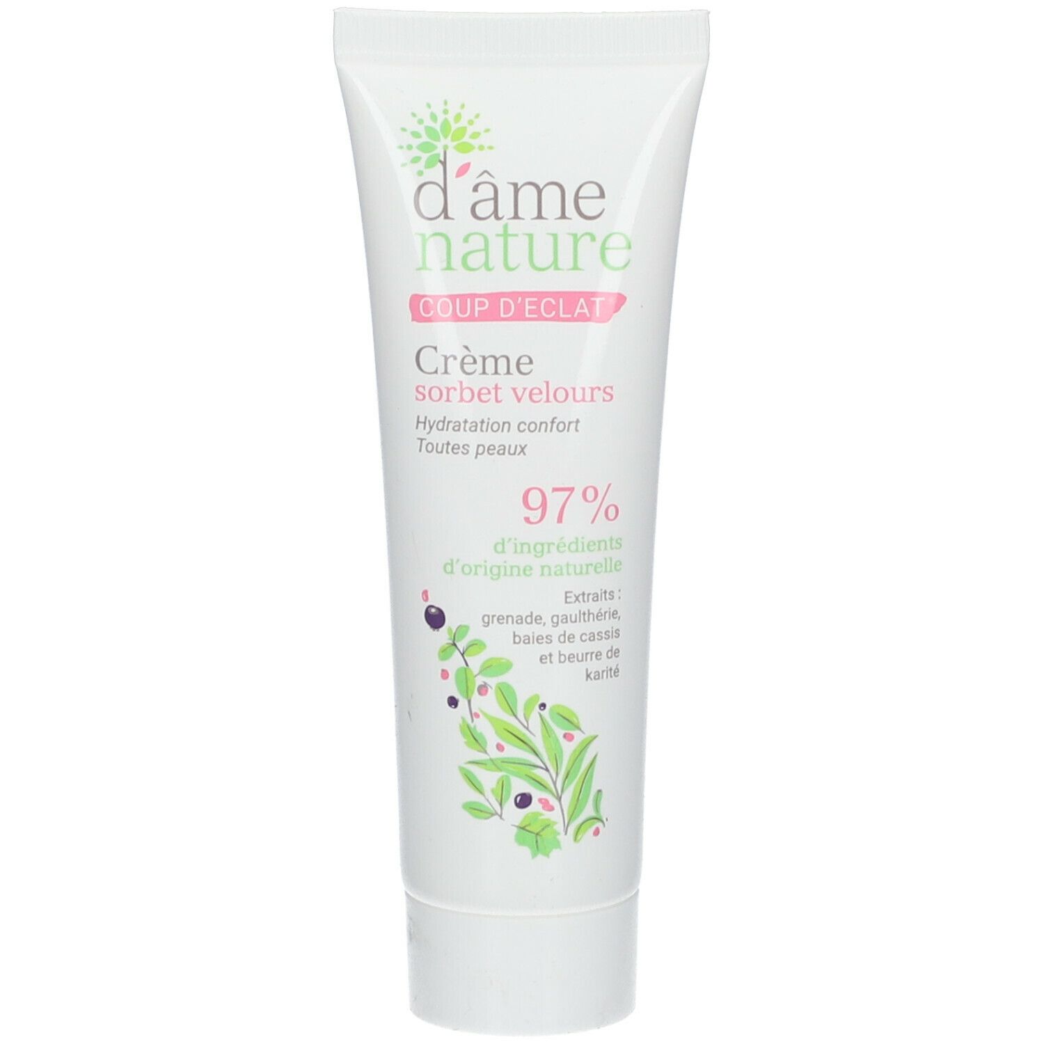 Witte tube met groene en roze opdruk. Tekst: Crème sorbet velours, 97% ingrediënten van natuurlijke oorsprong.