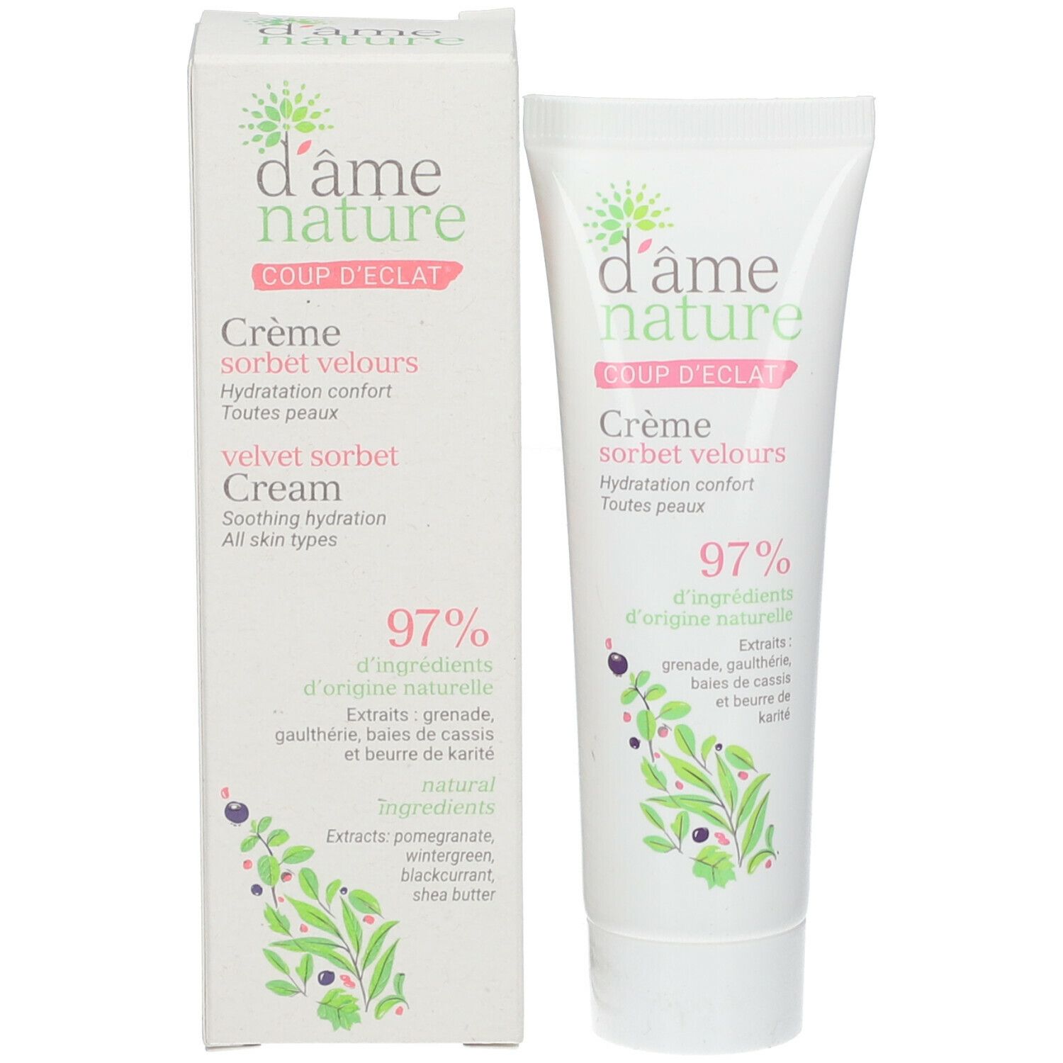 Productverpakking met tube en doos. Tekst: Crème sorbet velours, 97% ingrediënten van natuurlijke oorsprong. Met groene bladeren en bessen.