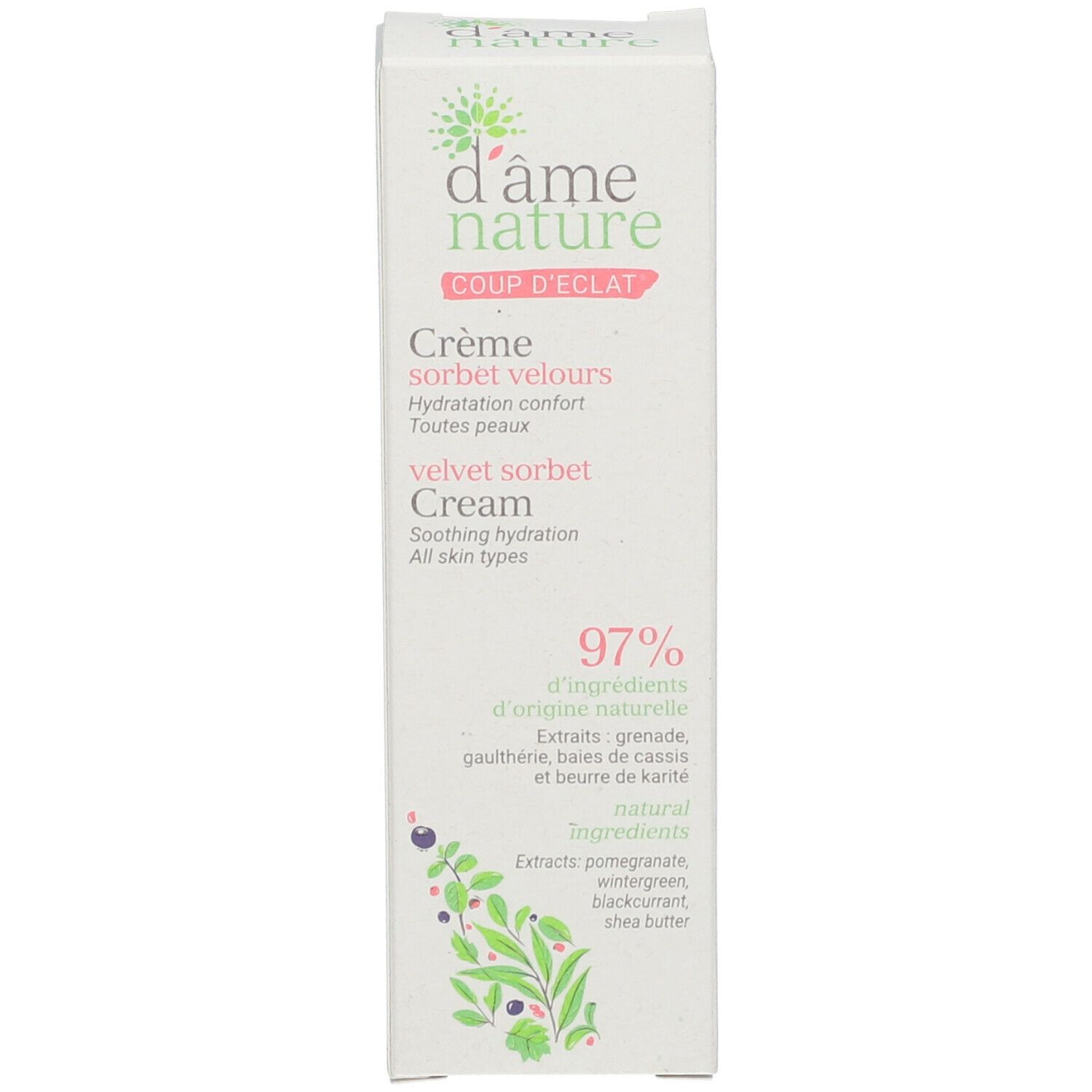 Witte doos met groene en roze opdruk. Tekst: Crème sorbet velours, 97% ingrediënten van natuurlijke oorsprong.