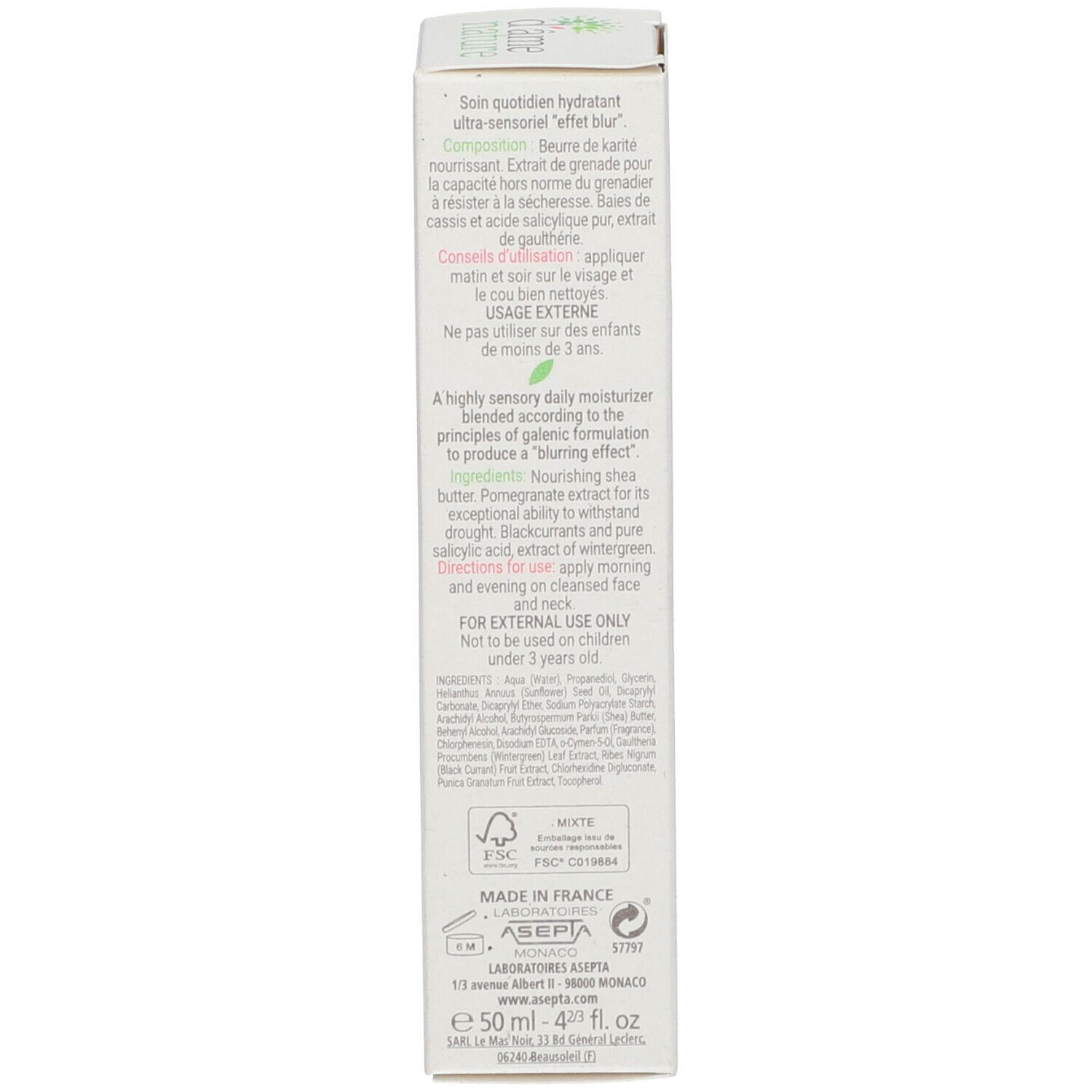 Witte doos, tekst: Ingrediënten, gebruik, 50 ml, Made in France. Met groene bladeren en bessen.