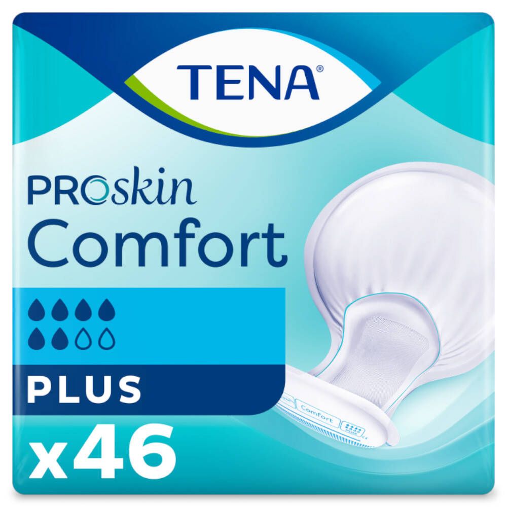 Packung TENA Proskin Comfort Plus, 46 Stück. Blaue und weiße Verpackung mit Produktabbildung und Tropfensymbolen.